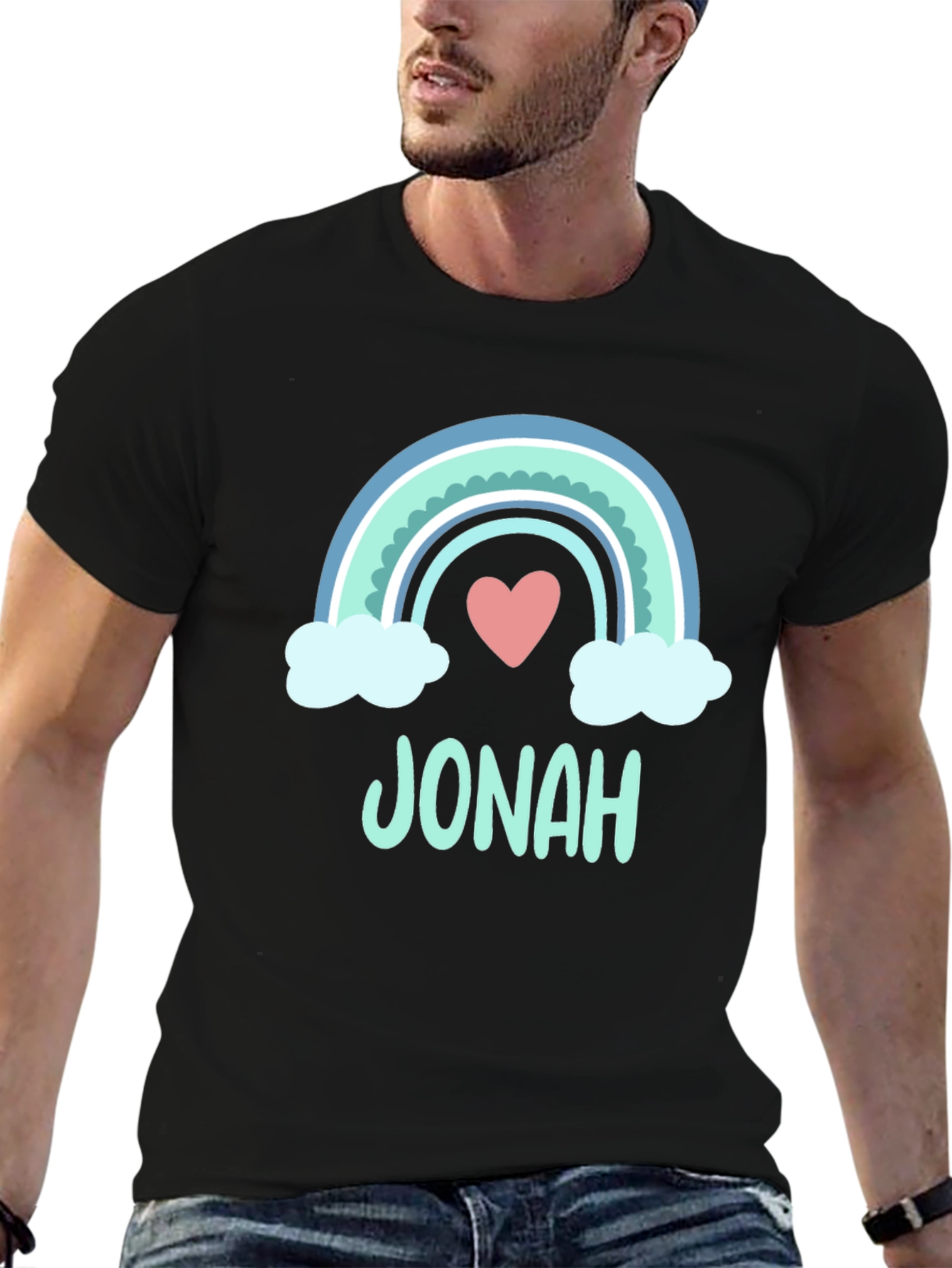 Black Personalized "Jonah" Rainbow Heart T-Shirt view 6
