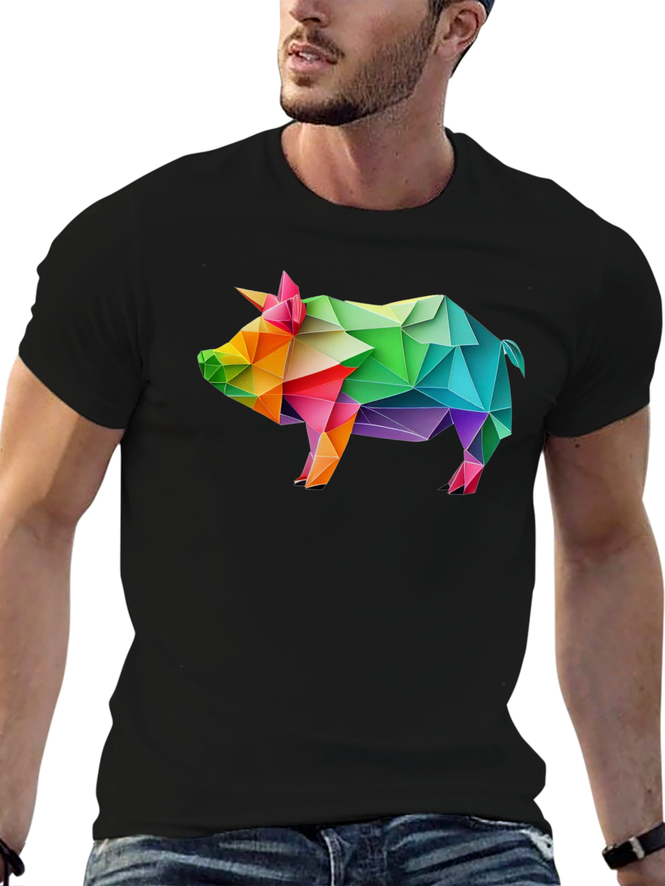 Black Geometric Pig T-Shirt - Black, Unique Design view 6