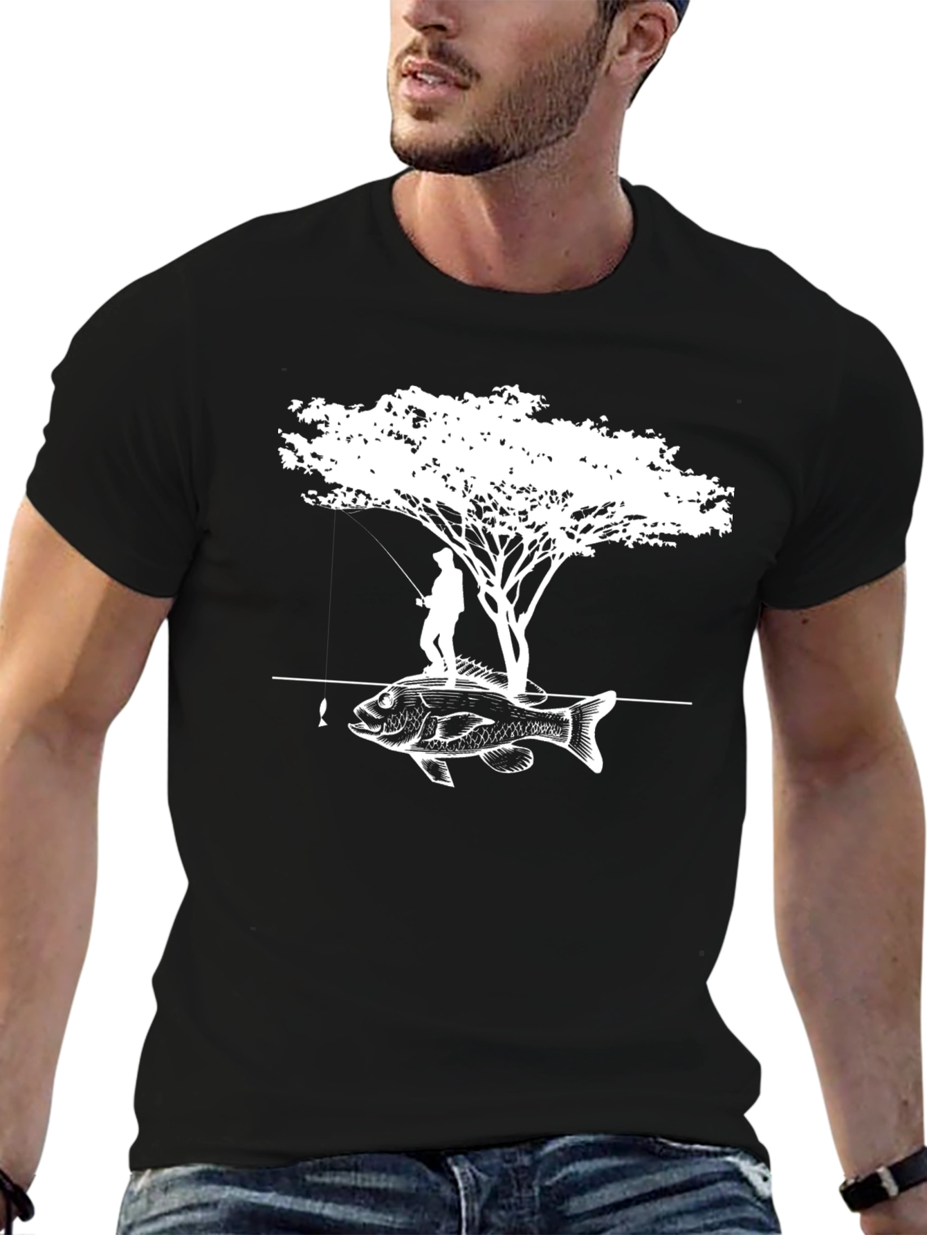 Black Fisherman Tree Bass Graphic Tee - Black Cotton Blend view 6