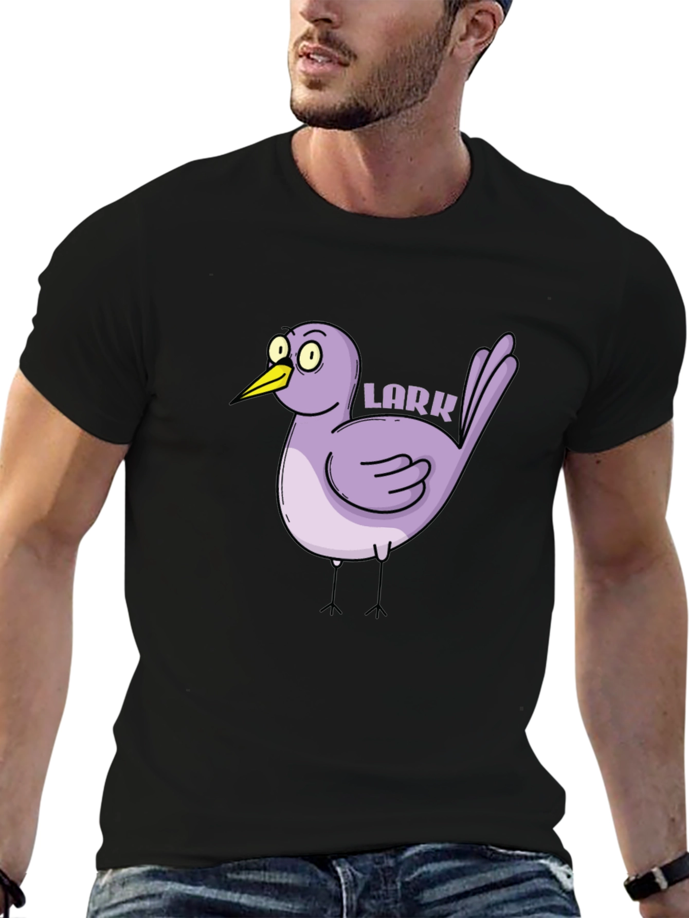 Black Cartoon Lark Bird Graphic Tee - Black view 6