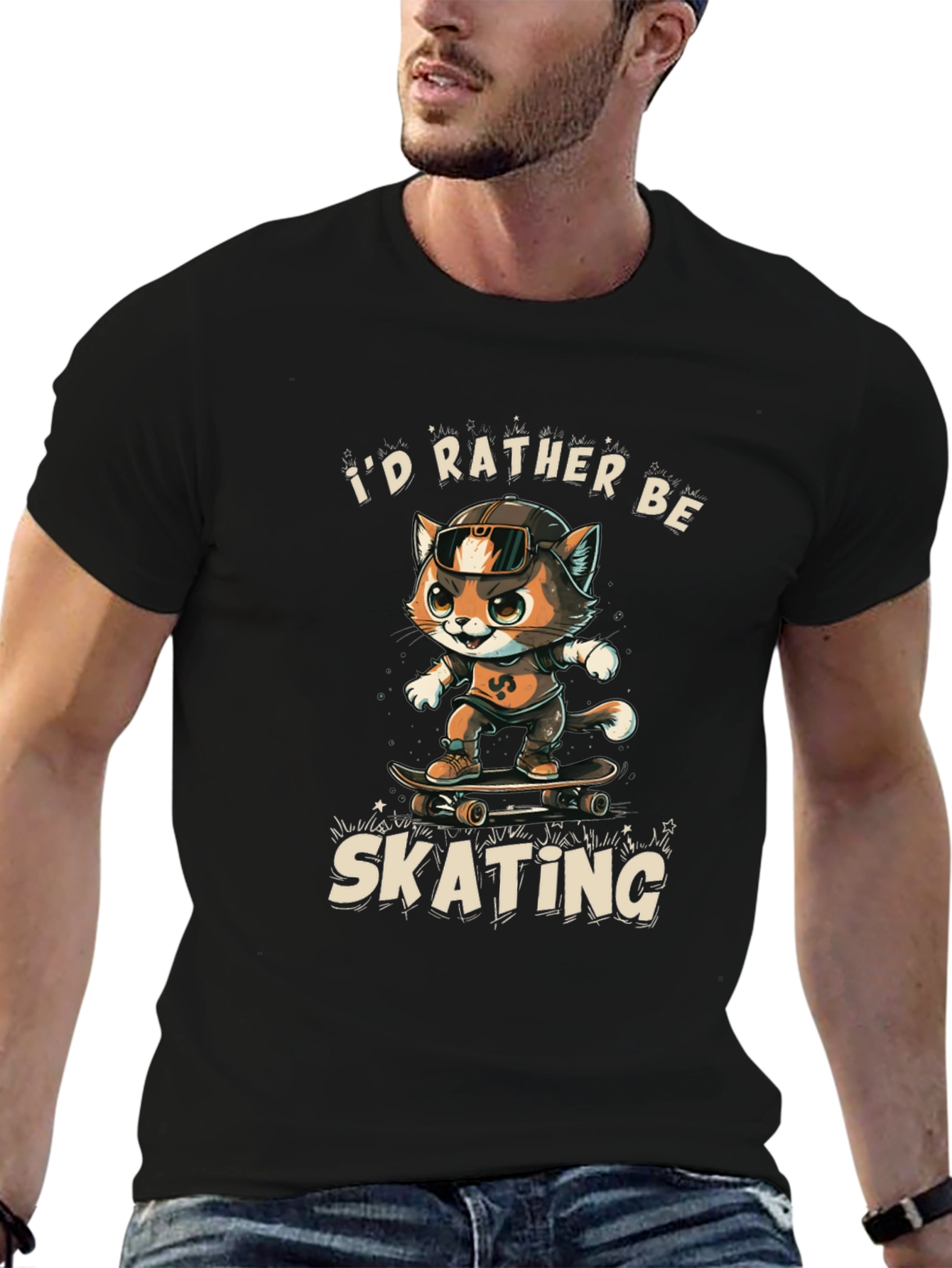 Black Cool Cat Skateboarder Graphic Tee view 6