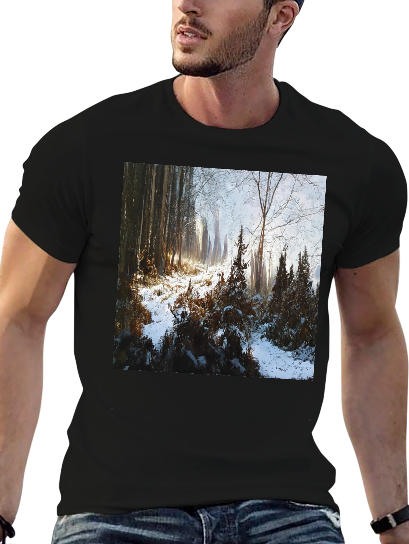 Black Winter Forest Scene T-Shirt view 6