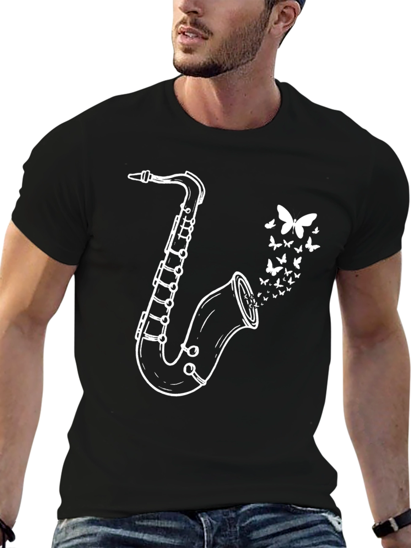 Black Saxophone Butterfly Graphic Tee - Black Casual T-Shirt view 6