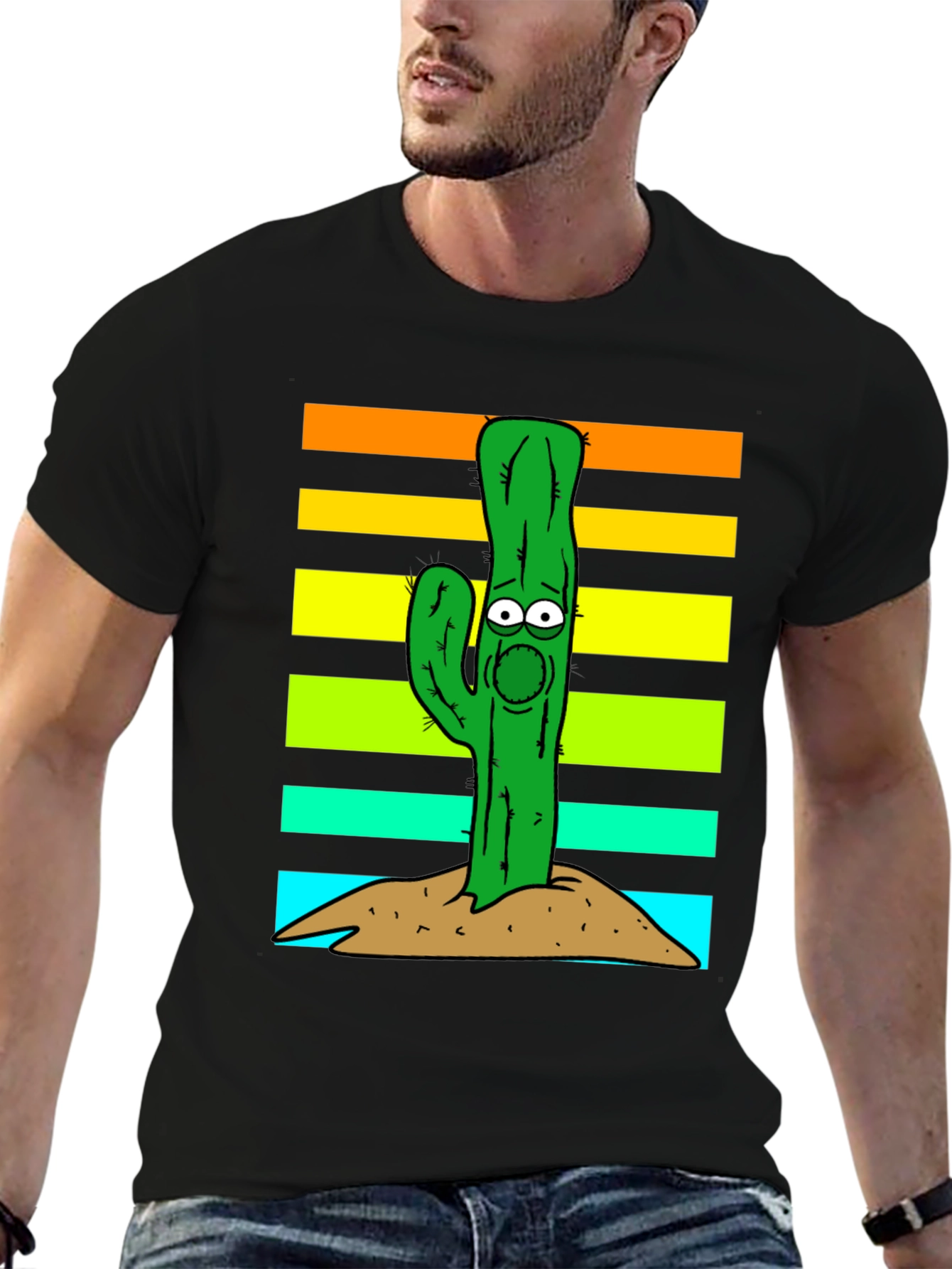 Black Cartoon Cactus Graphic T-Shirt view 6