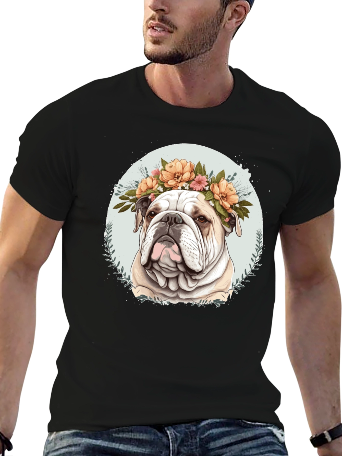 Black Bulldog Floral Crown Black T-Shirt view 6