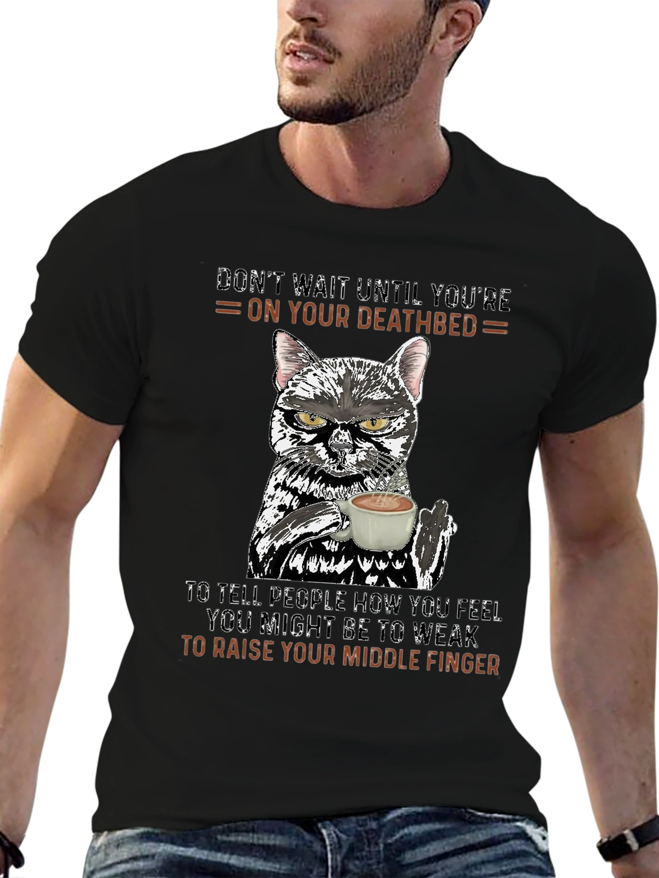 Black Funny Cat Middle Finger Graphic T-Shirt view 6