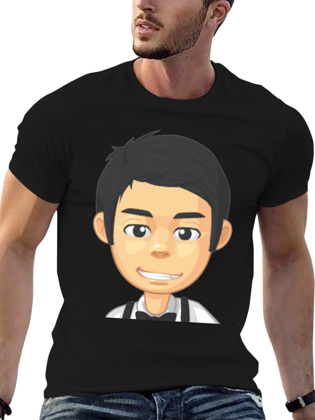 Black Cartoon Waiter Graphic Tee - Black Crew Neck T-Shirt view 6