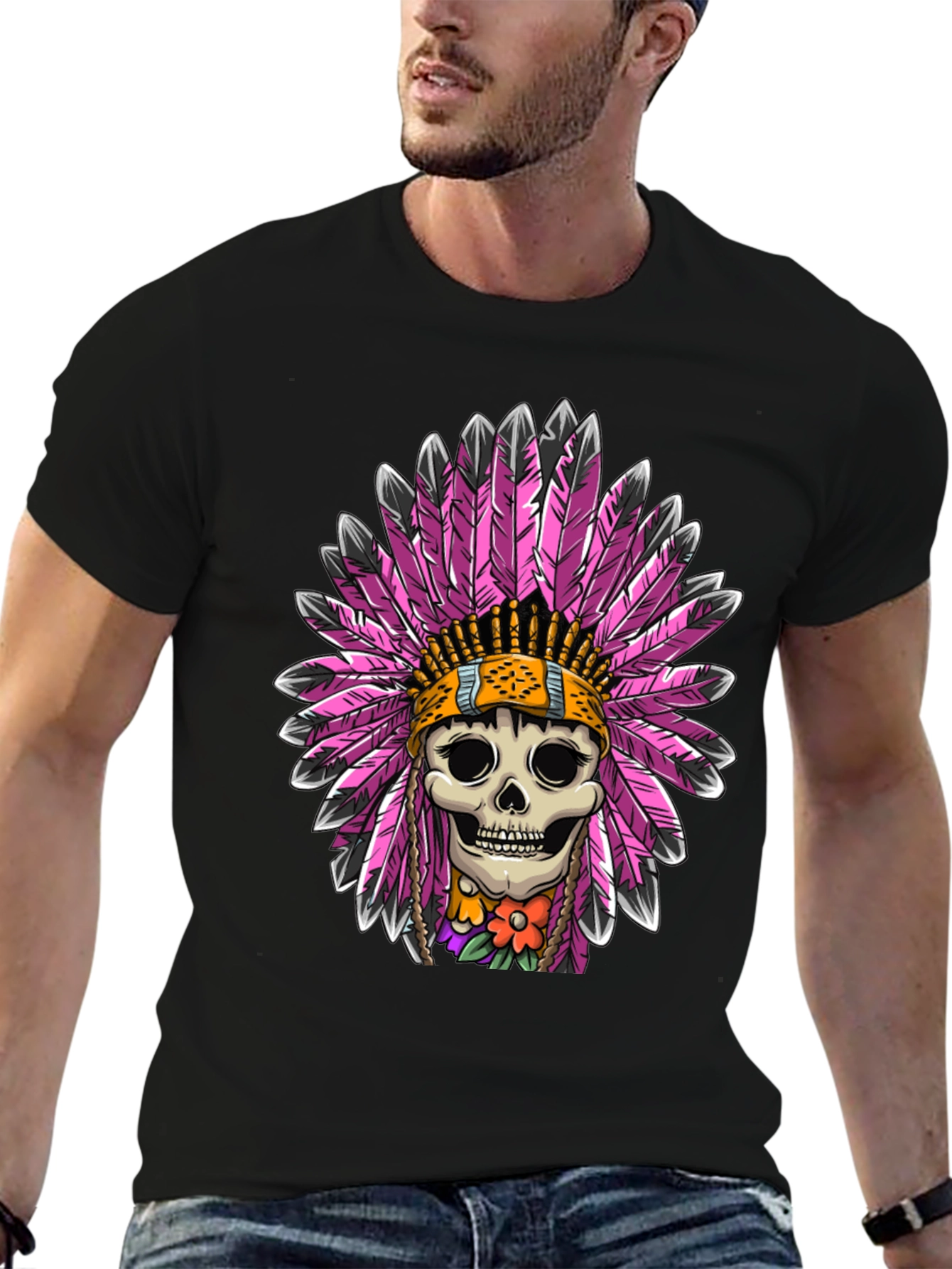 Black Skull Chief Feather Headdress T-Shirt view 6