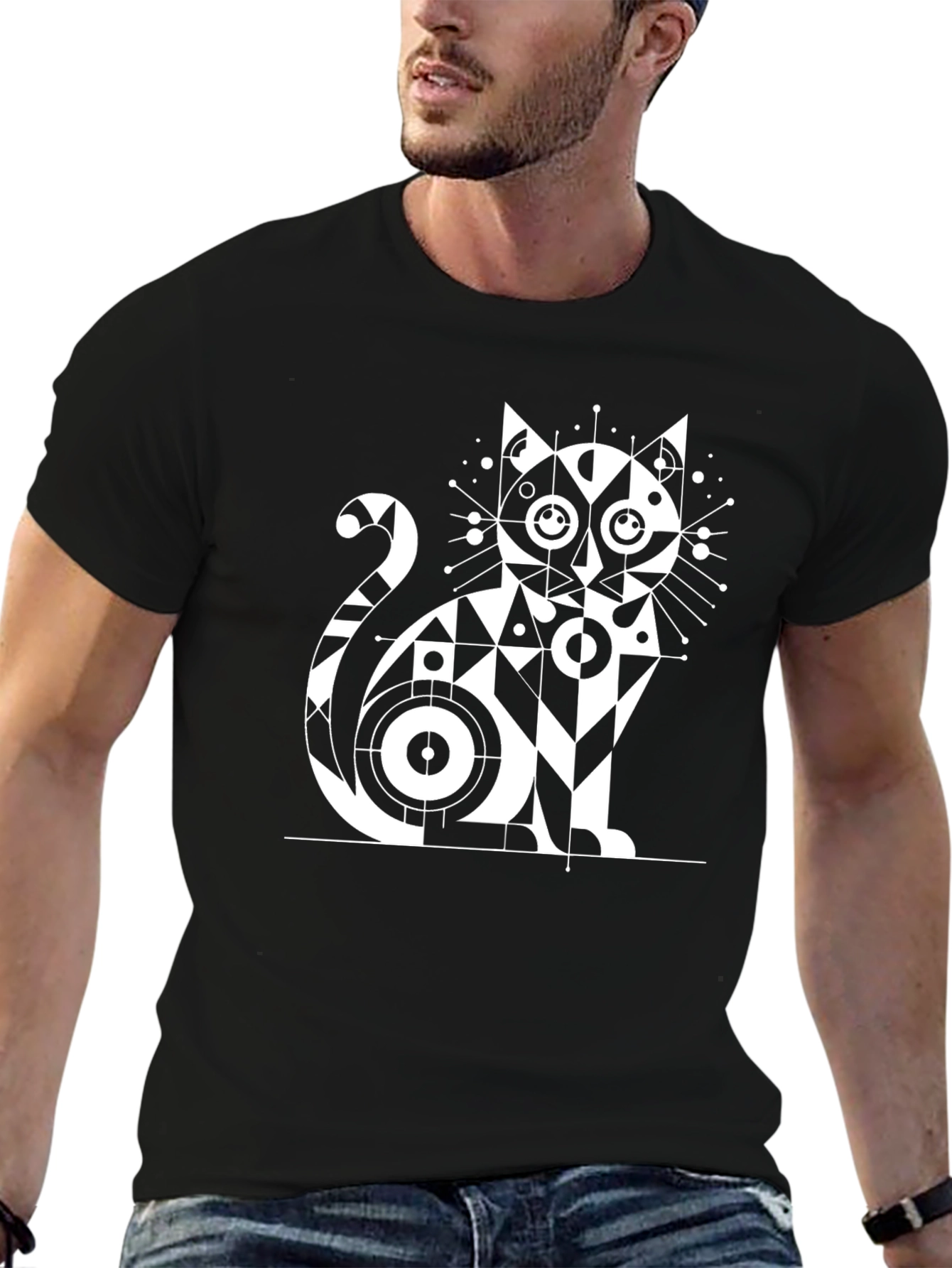 Black Geometric Cat Graphic T-Shirt - Modern Design view 6