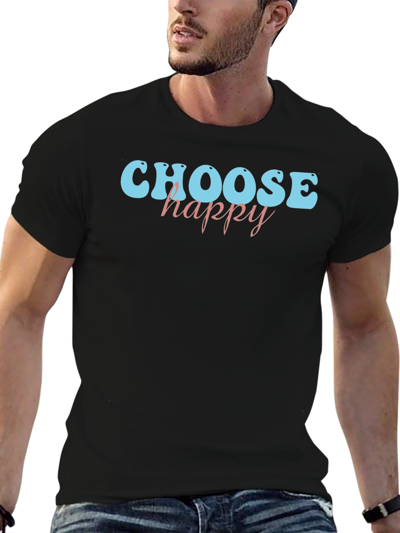 Black Choose Happy Graphic Tee - Black Cotton Casual Shirt view 6