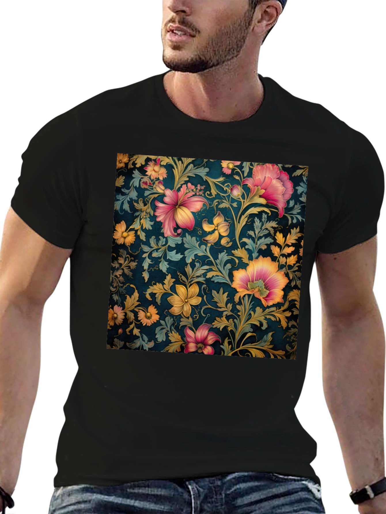 Black Floral Print Crew Neck T-Shirt view 6