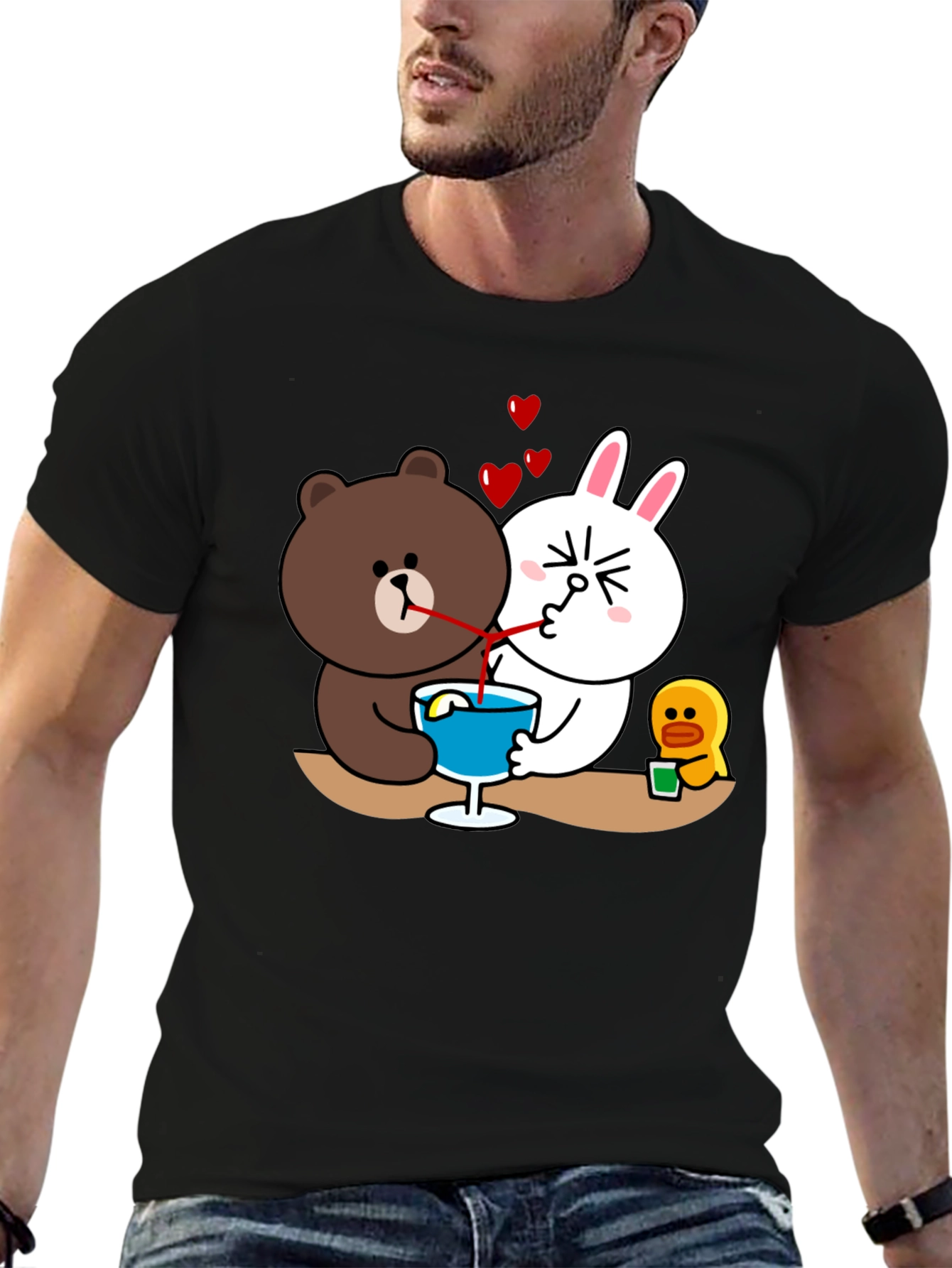 Black Cartoon Graphic Tee: Bear & Bunny Sharing Drink view 6