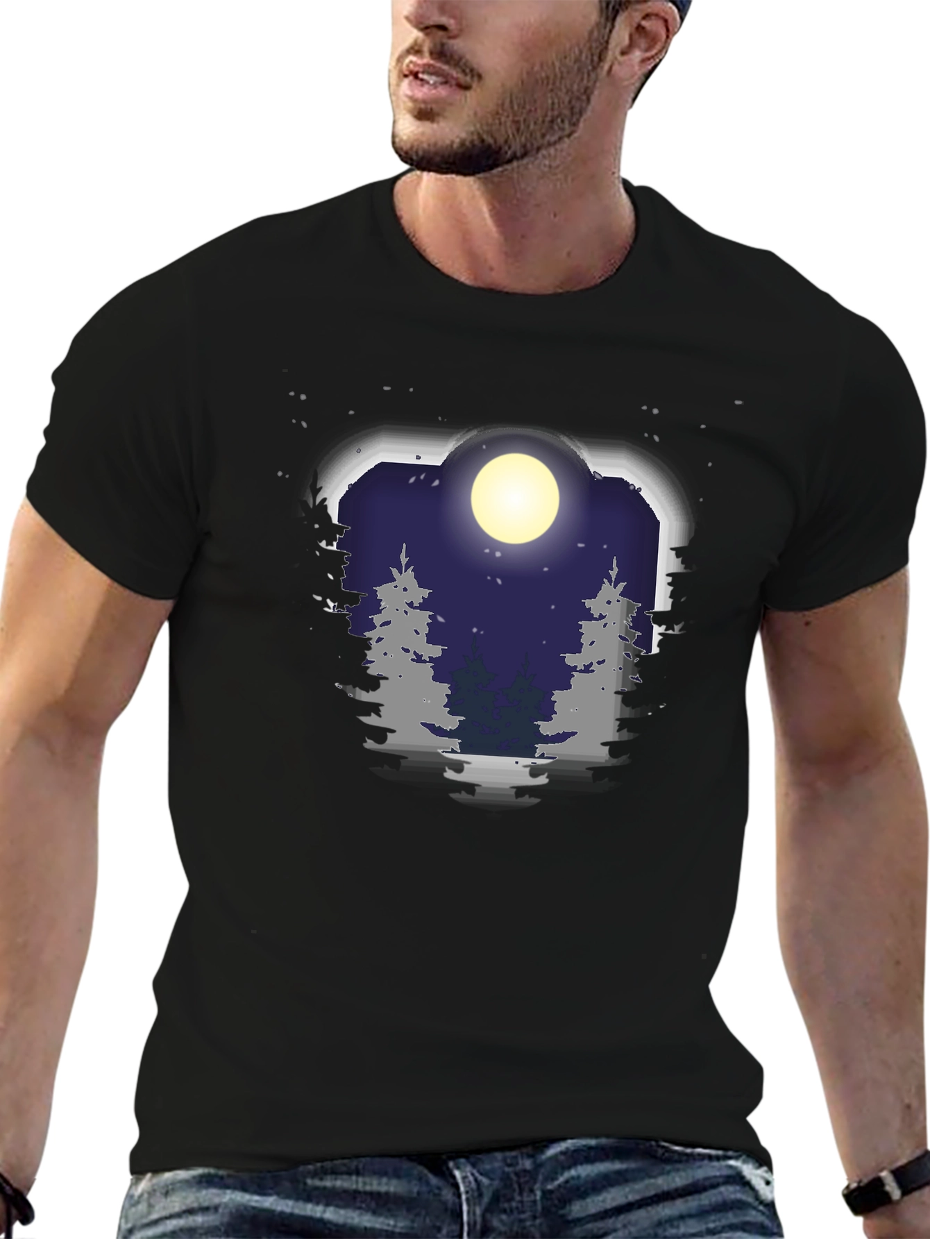 Black Night Forest Moon Graphic Tee - Unisex Black T-Shirt view 6