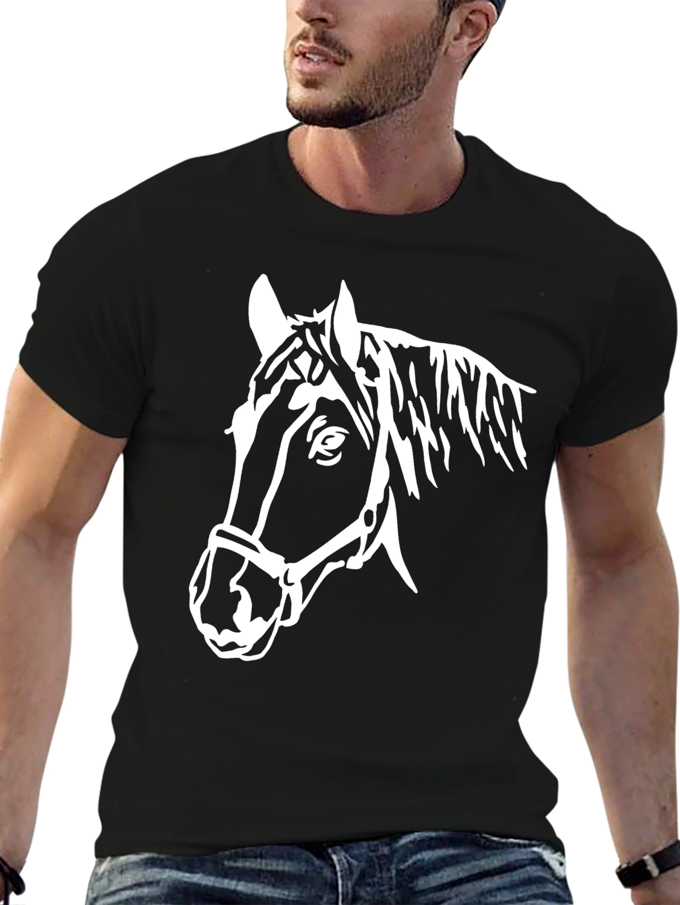 Black Black T-Shirt with White Horse Head Graphic view 6