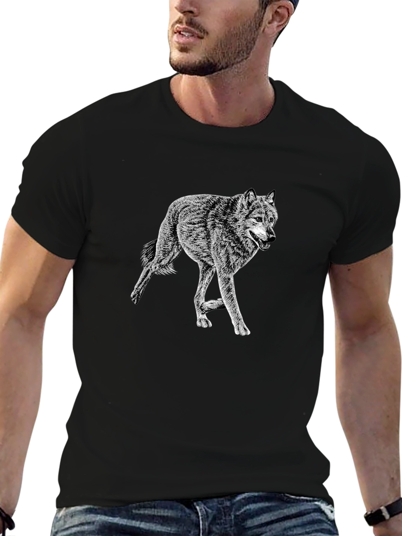 Black Black Wolf Graphic Tee - Stylish Crew Neck Cotton T-Shirt view 6