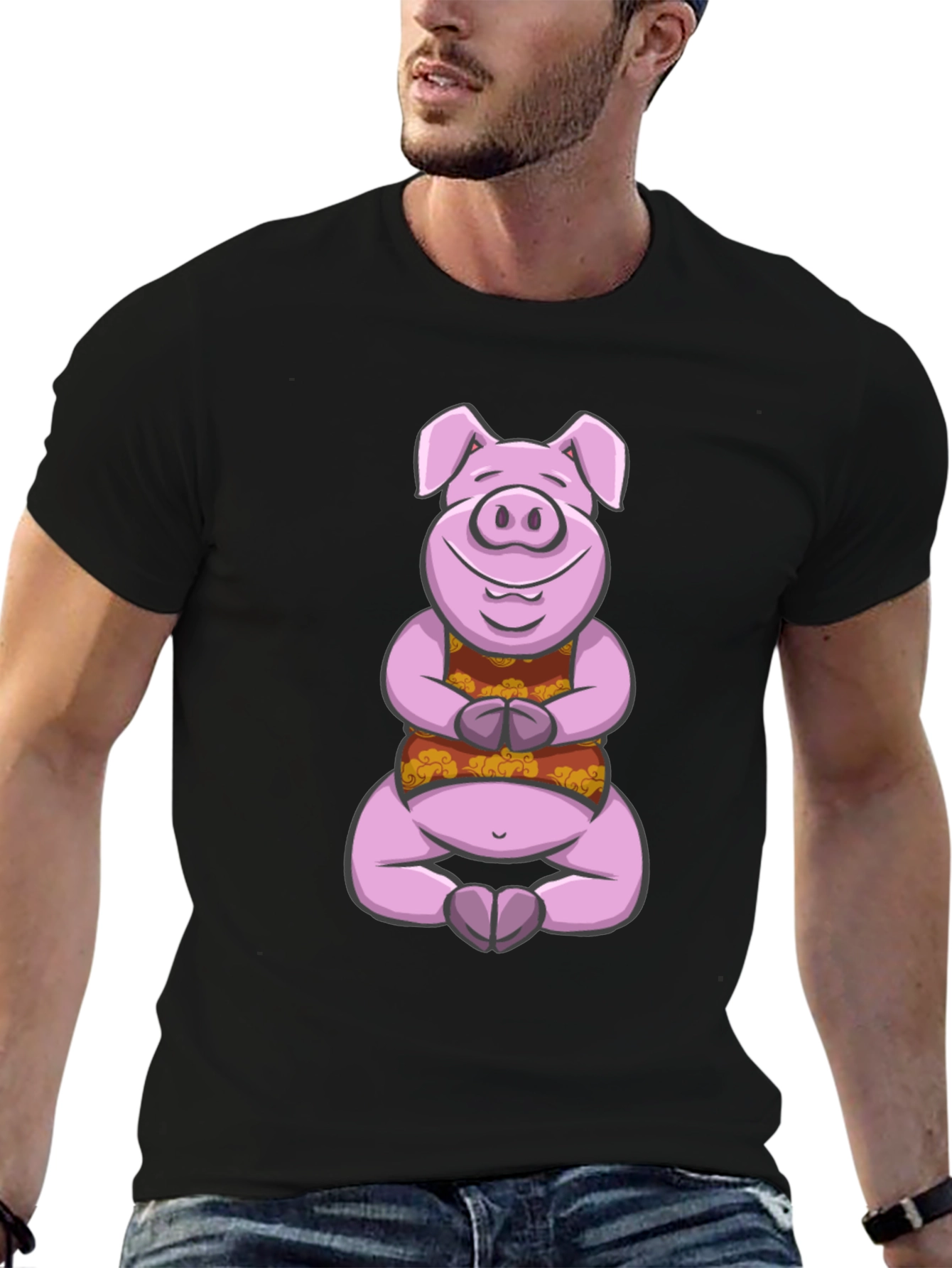 Black Meditating Pig Graphic Tee - Funny Yoga Shirt view 6
