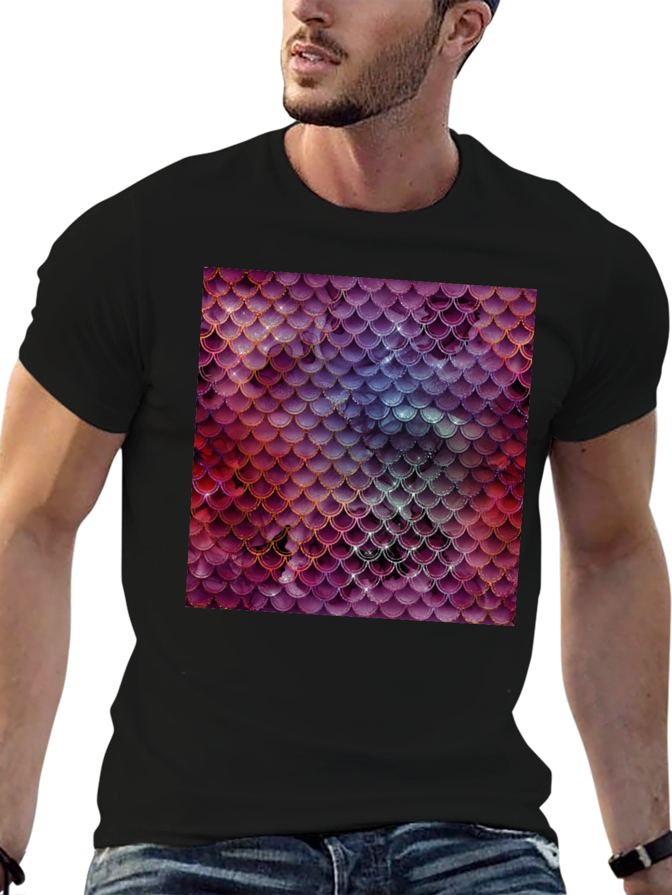 Black Men's T-Shirt with Fish Scale Print view 6