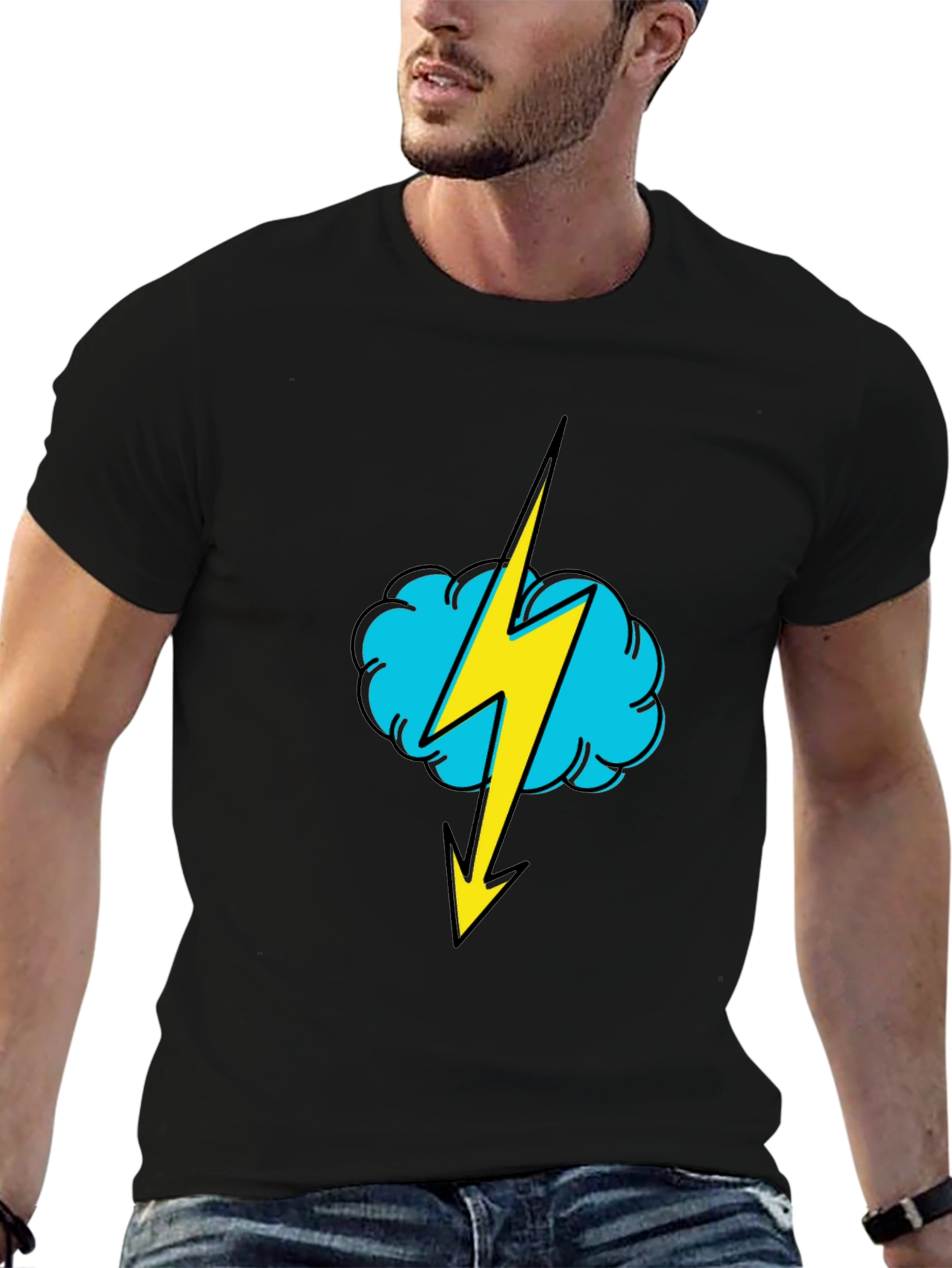 Black Black T-Shirt with Lightning Cloud Graphic view 6