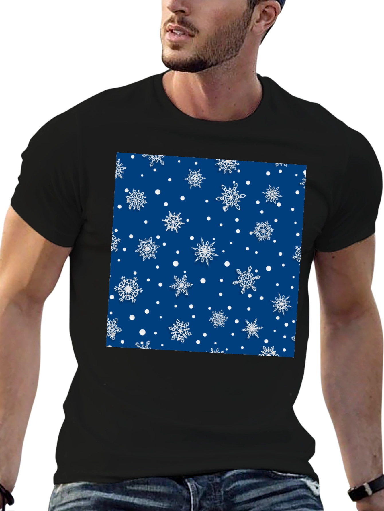 Black Festive Snowflake Pattern Black T-Shirt view 6