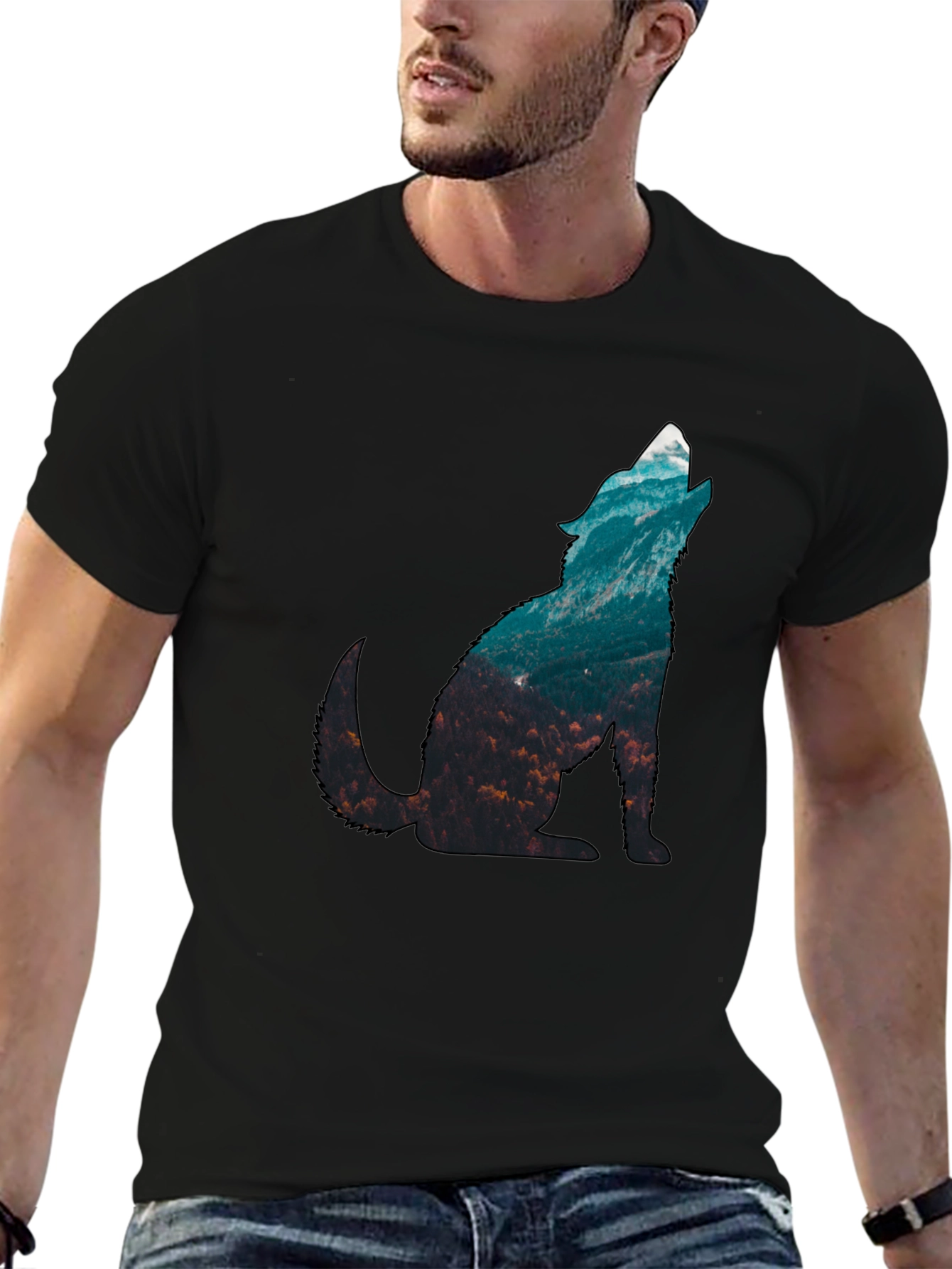 Black Wolf Nature Graphic Print Men's T-Shirt view 6