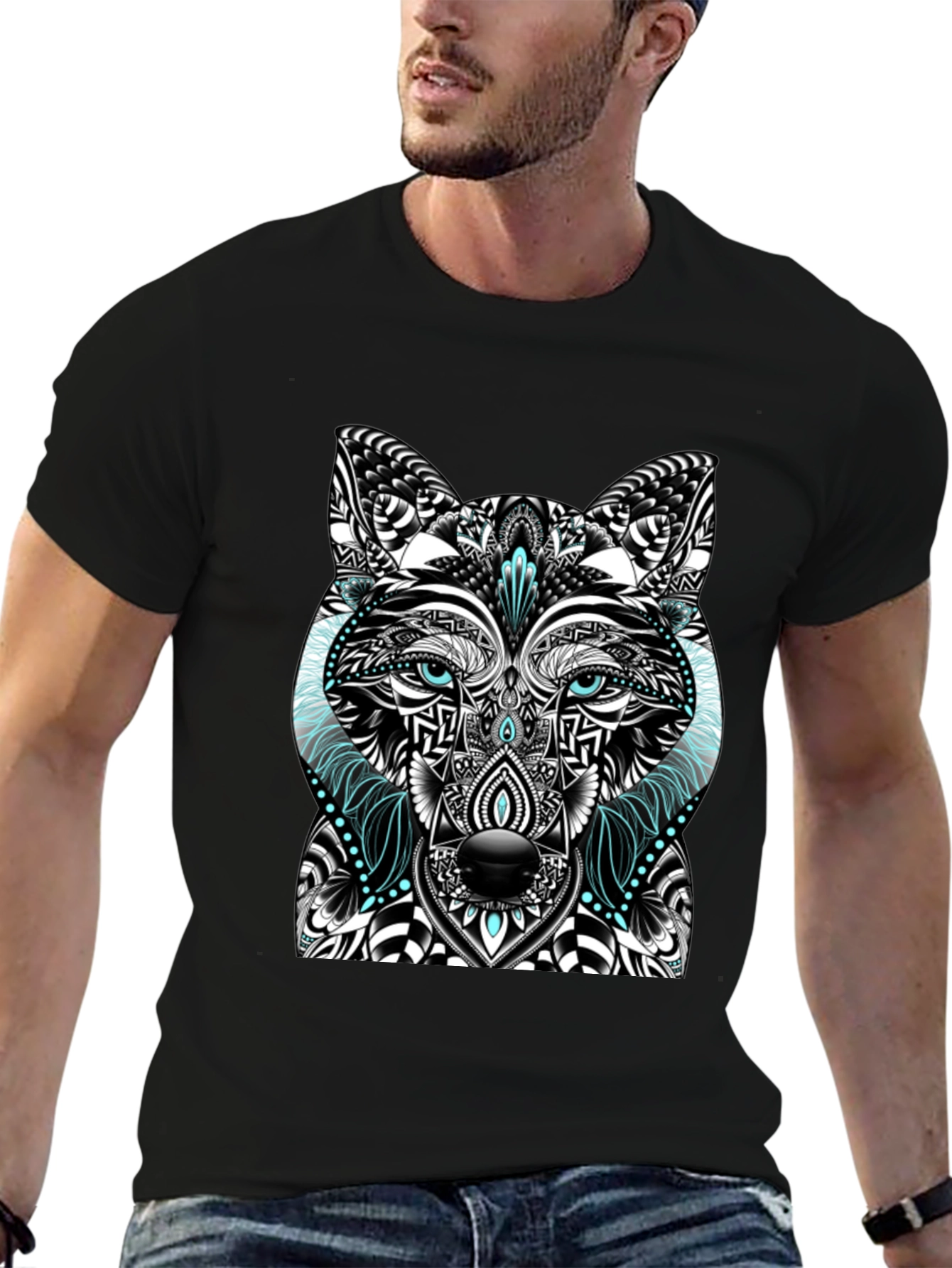 Black Wolf Graphic Print Men's Black T-Shirt view 6
