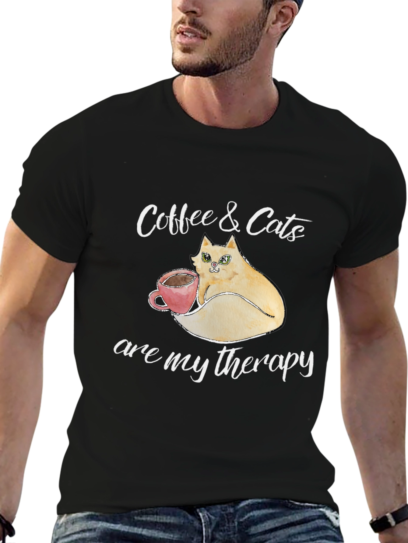 Black Coffee & Cats Therapy T-Shirt - Unique Design view 6