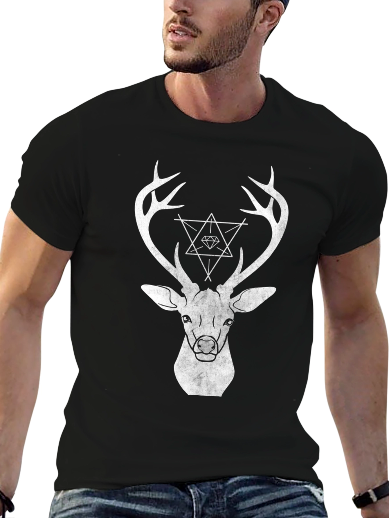 Black Geometric Deer Graphic T-Shirt view 6