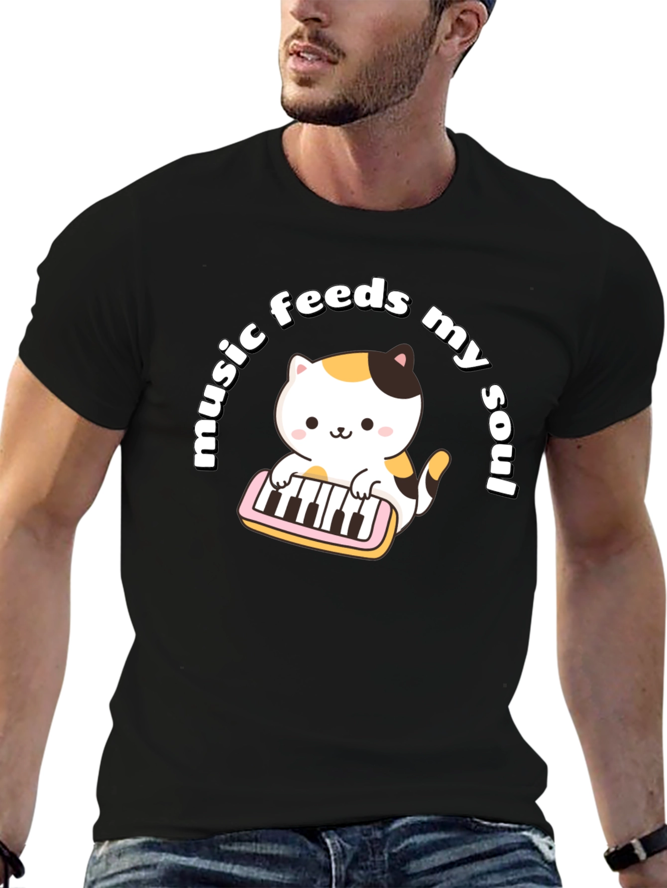 Black Music Feeds My Soul Cat Playing Keyboard Black T-Shirt view 6