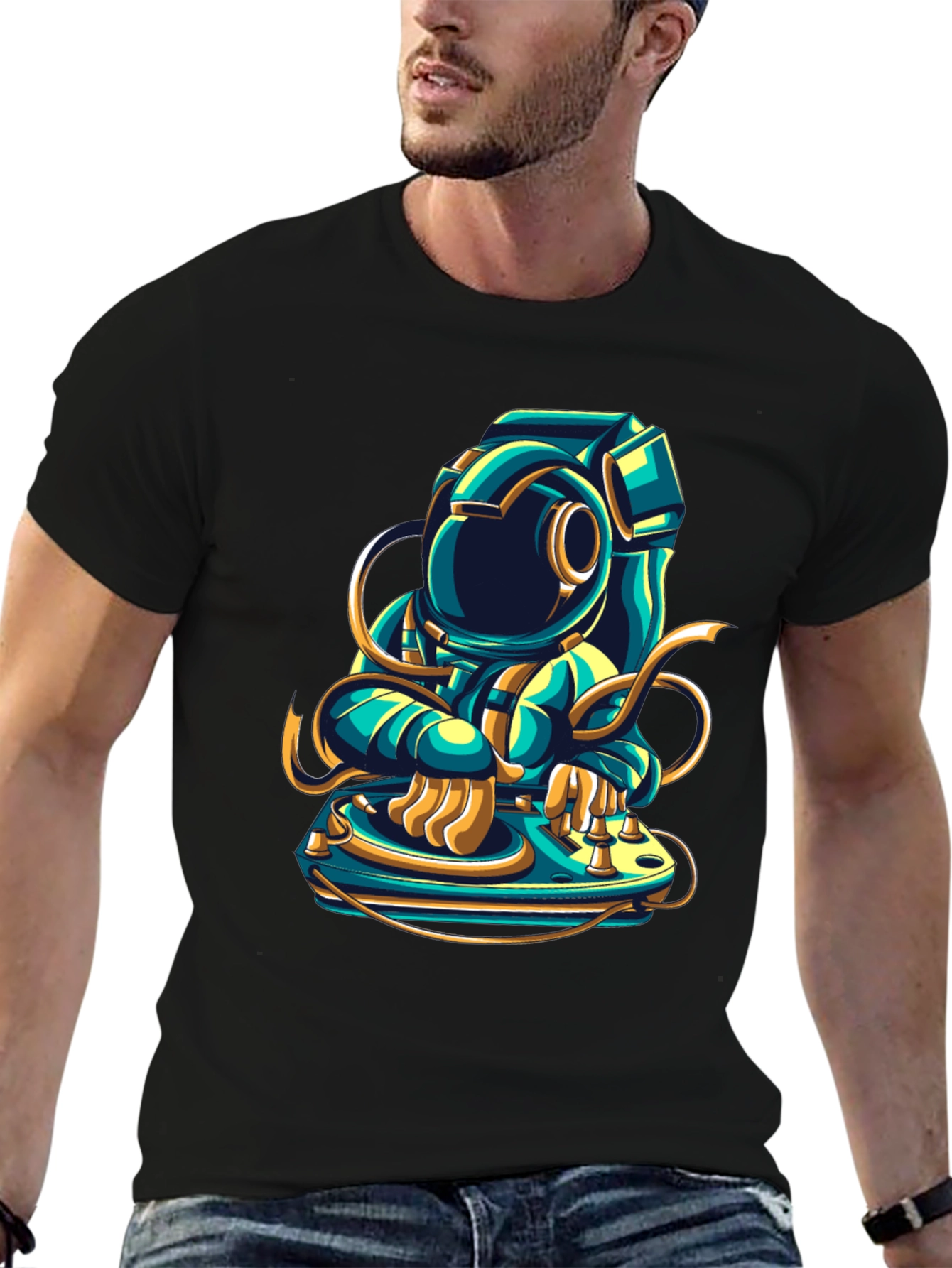 Black DJ Astronaut Graphic Tee - Cool Space Music Shirt view 6