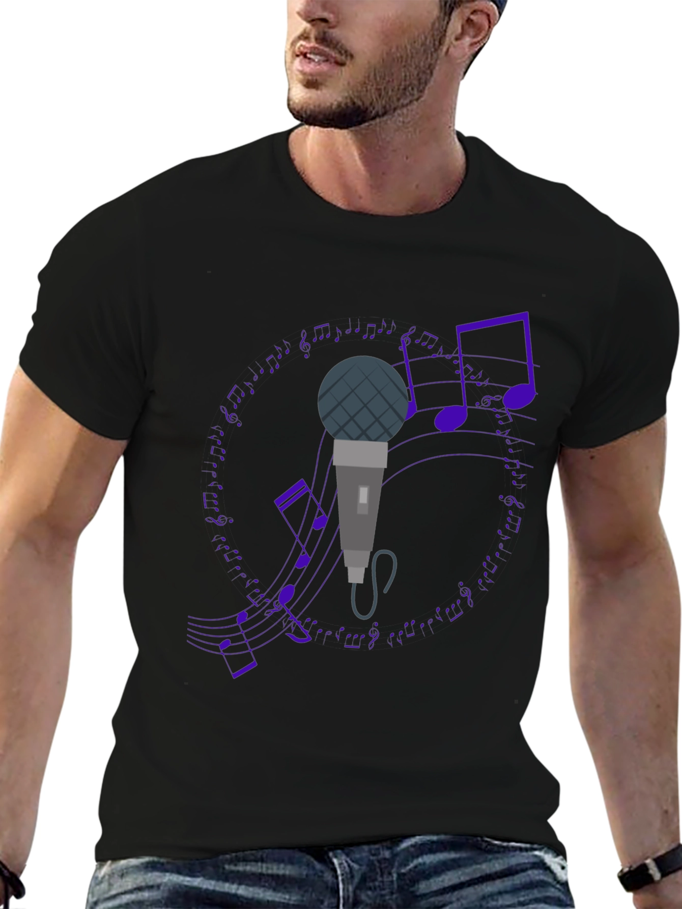 Black Microphone and Music Notes Black T-Shirt view 6