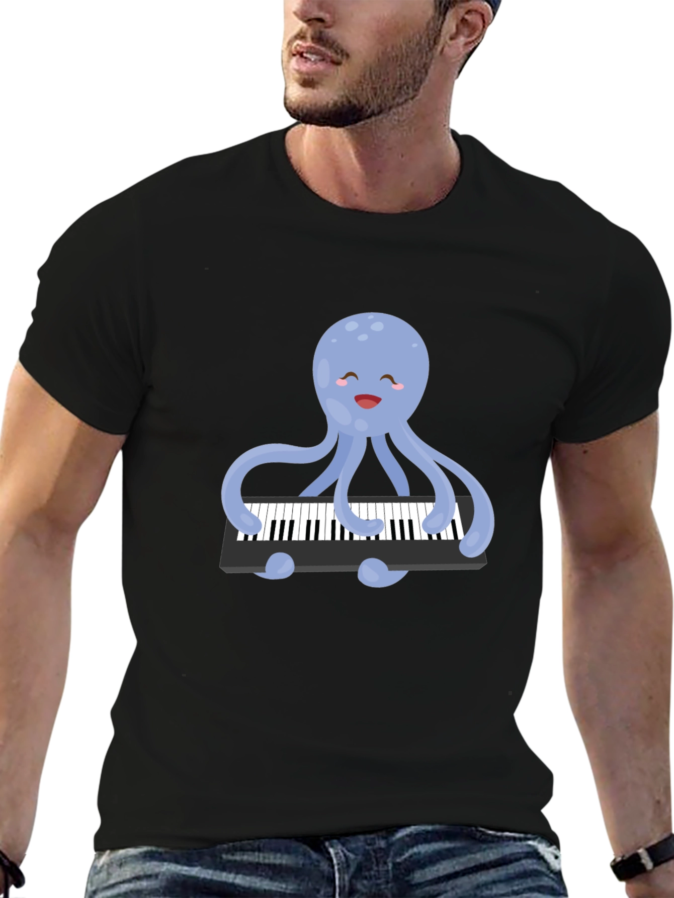 Black Octopus Playing Piano T-Shirt - Unique Design! view 6