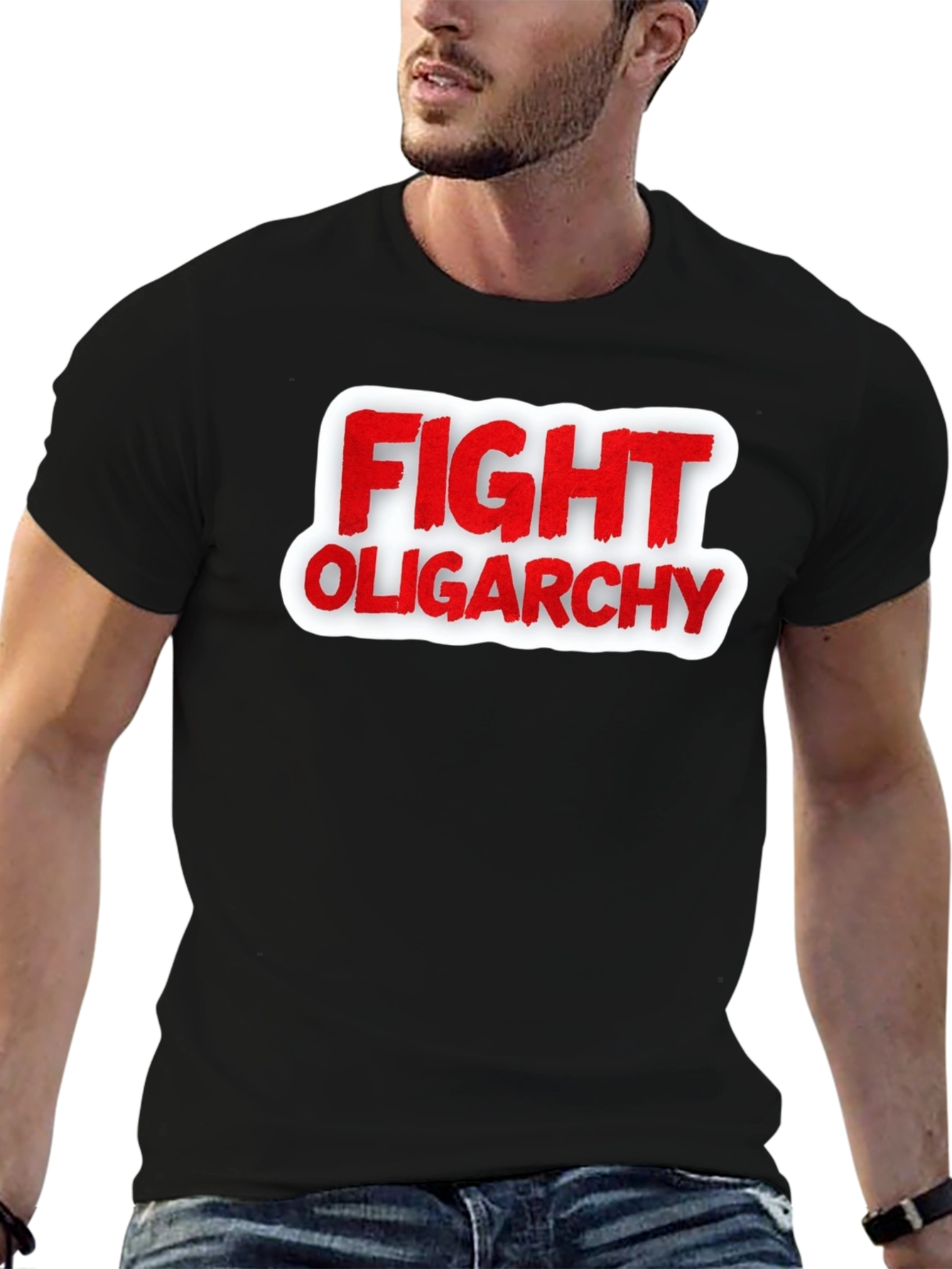 Black Fight Oligarchy T-Shirt - Red and White Graphic Tee view 6