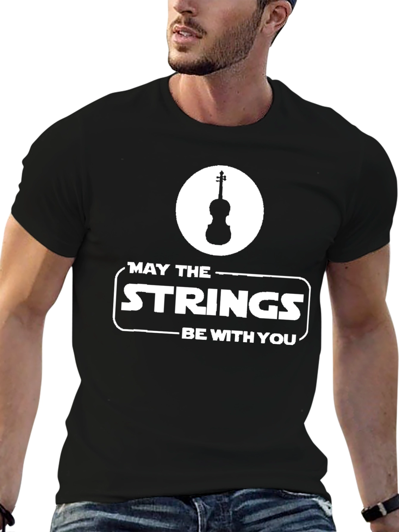 Black May the Strings Be With You T-Shirt view 6