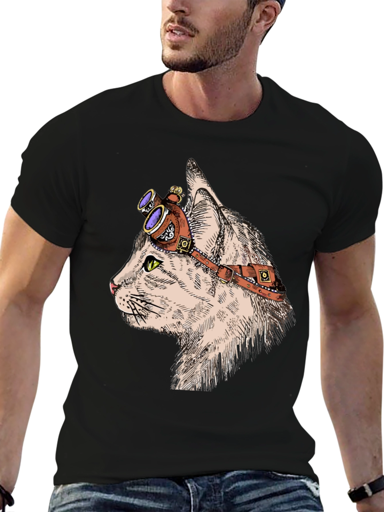 Black Steampunk Cat T-Shirt: Cool Feline with Goggles view 6