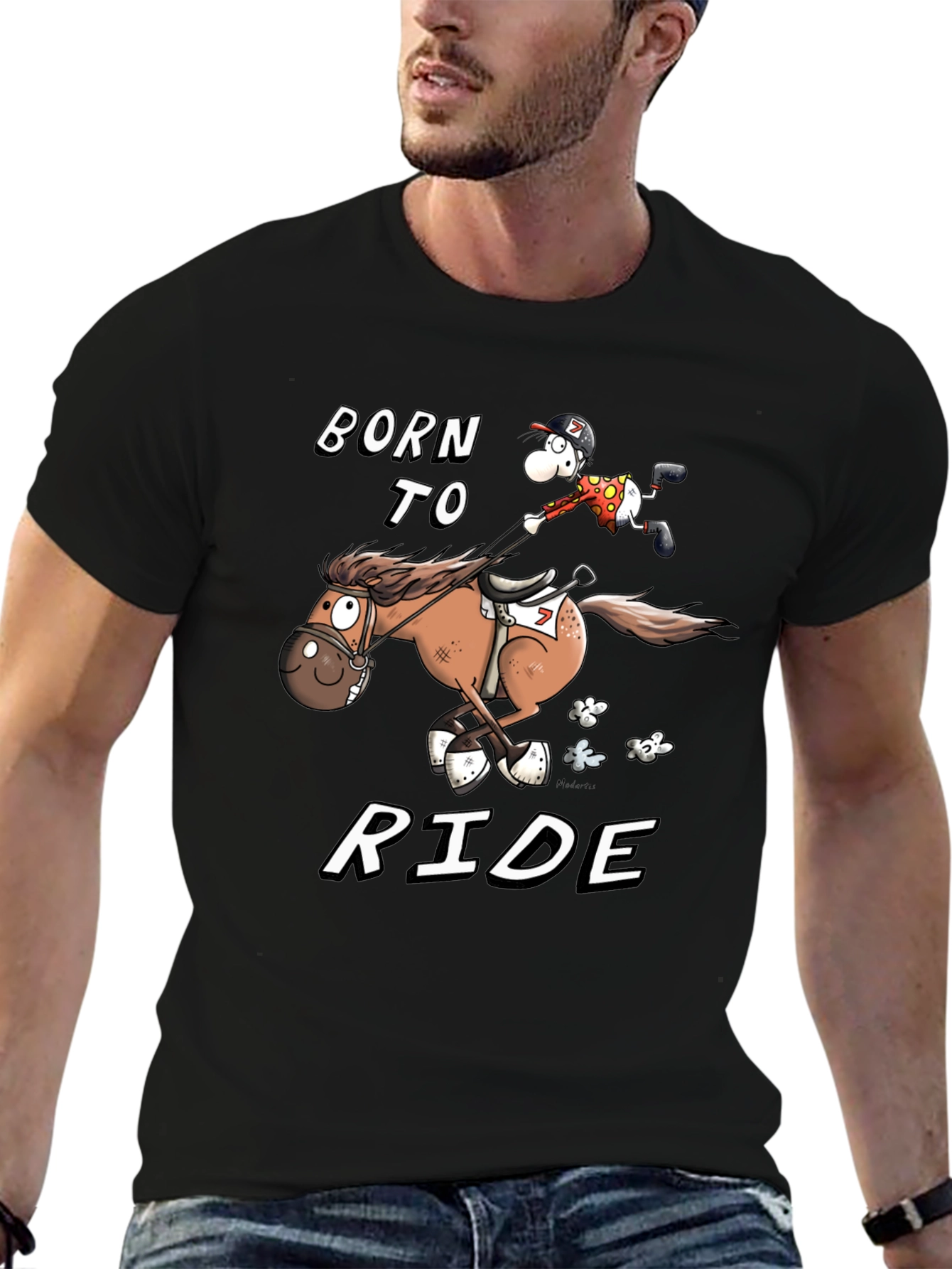 Black Born to Ride T-Shirt - Equestrian Cartoon view 6