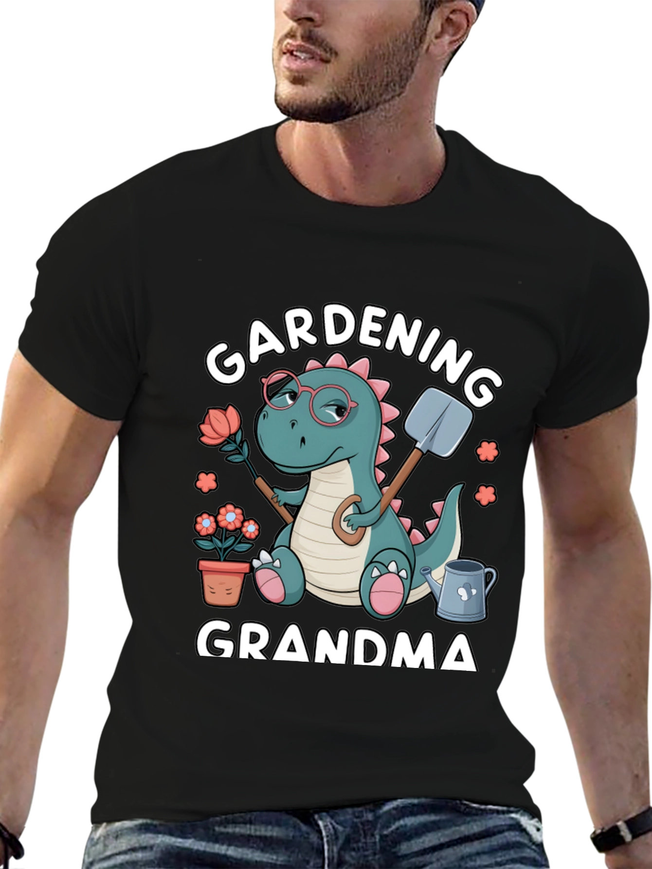 Black Gardening Grandma T-Shirt - Dinosaur Design view 6