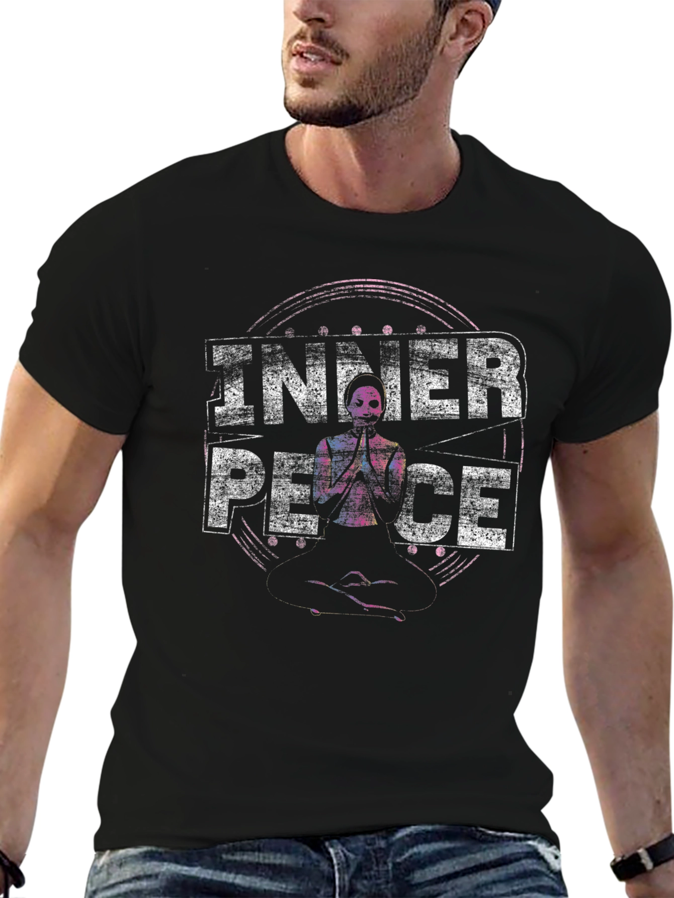 Black Inner Peace Graphic Tee - Meditating Skeleton view 6
