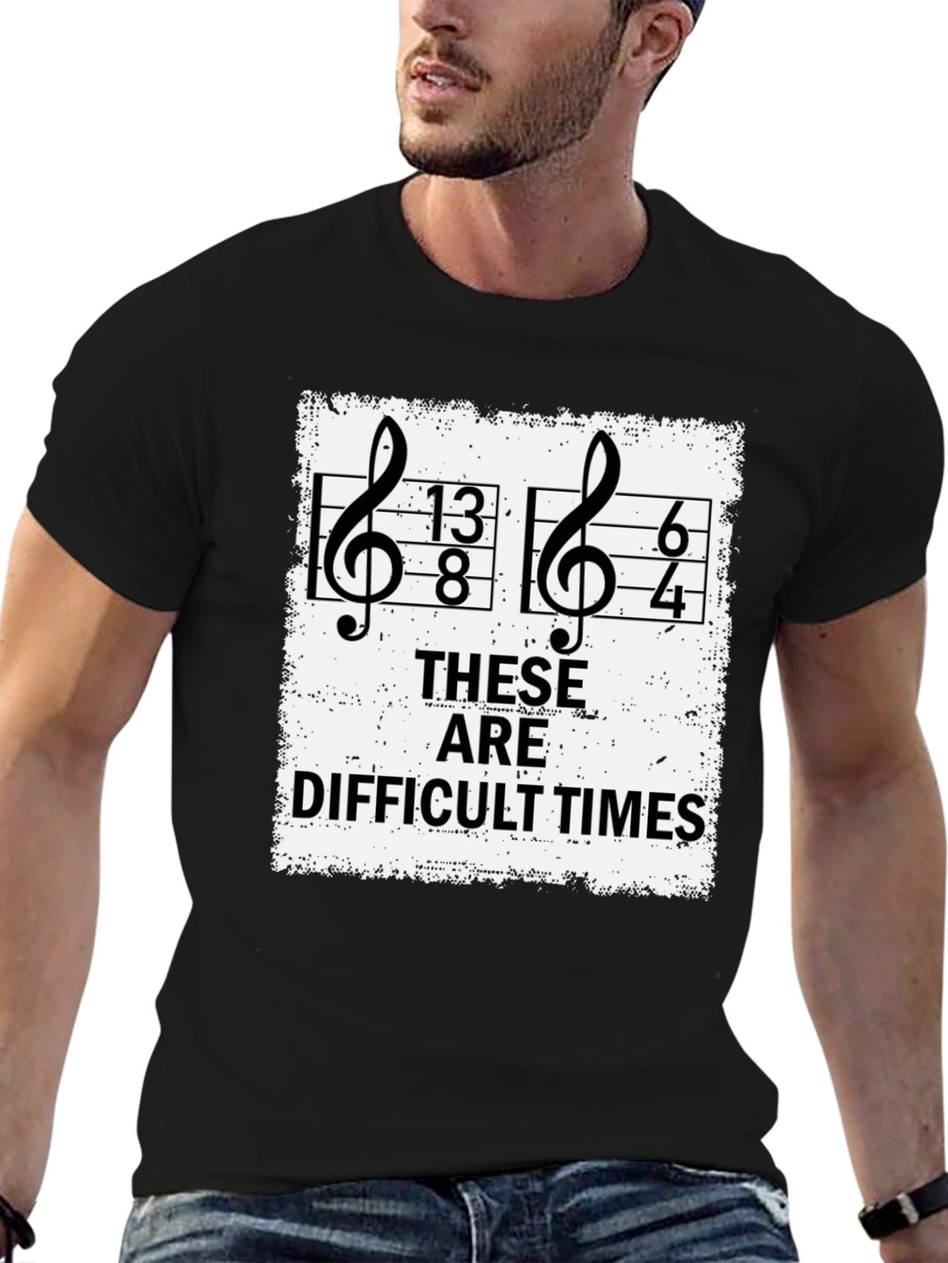 Black Difficult Times Music Pun T-Shirt view 6