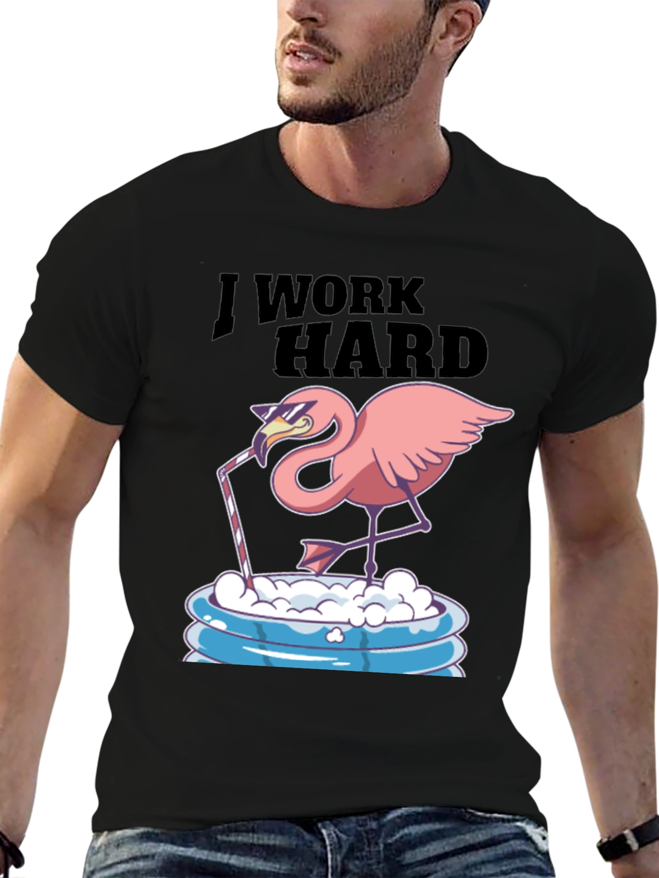 Black I Work Hard Flamingo T-Shirt - Funny Relaxing Tee view 6