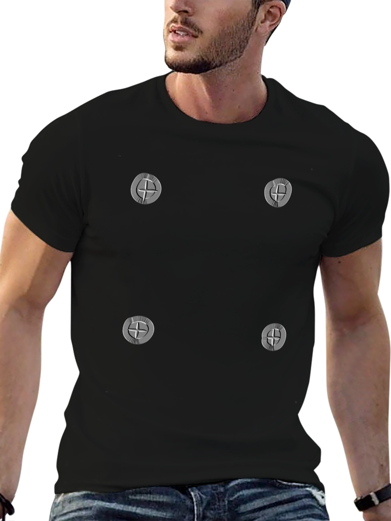 Black Men's Black T-Shirt with Silver Cross Symbols view 6