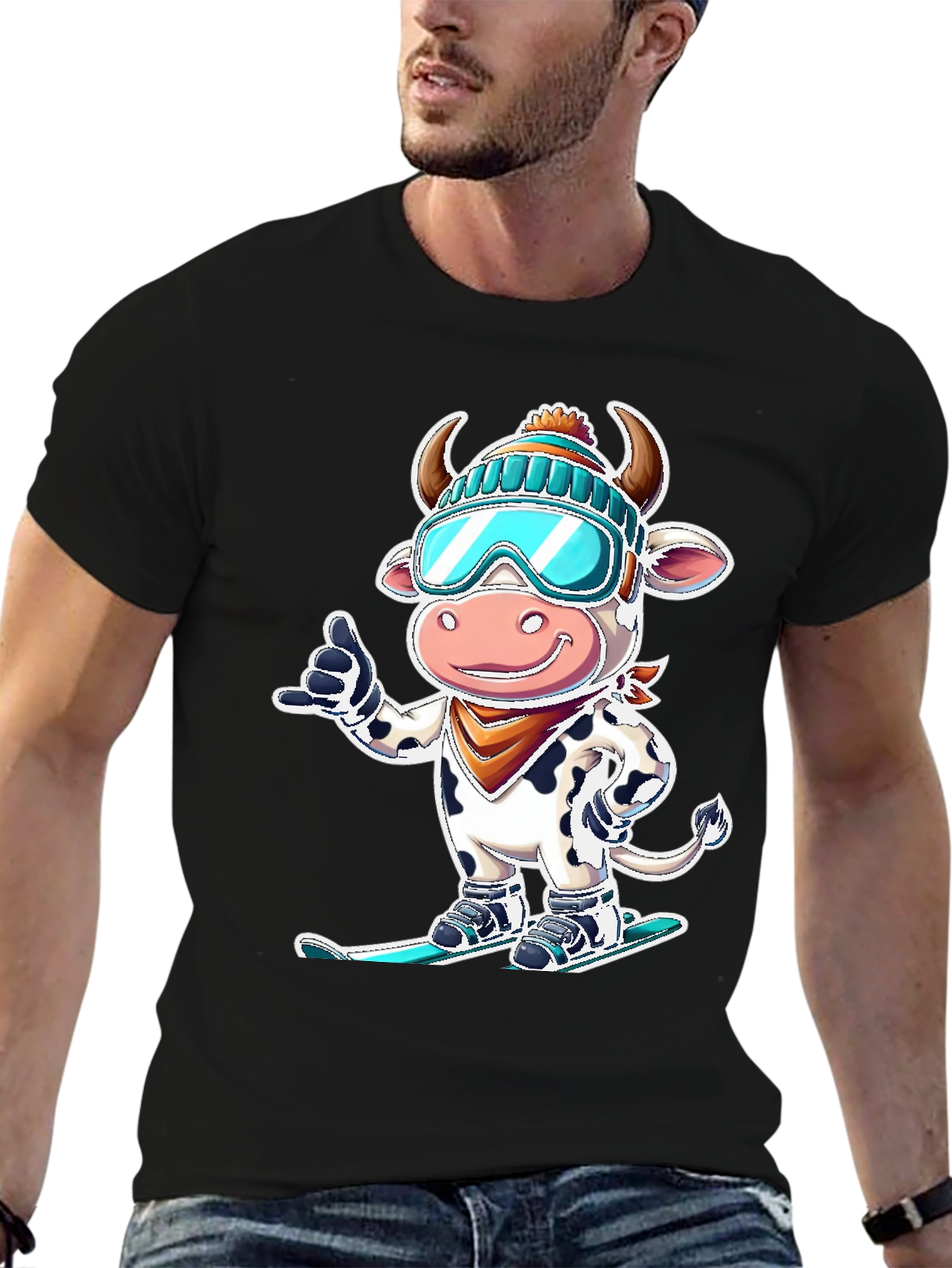 Black Skiing Cow Graphic Tee - Fun Winter T-Shirt view 6