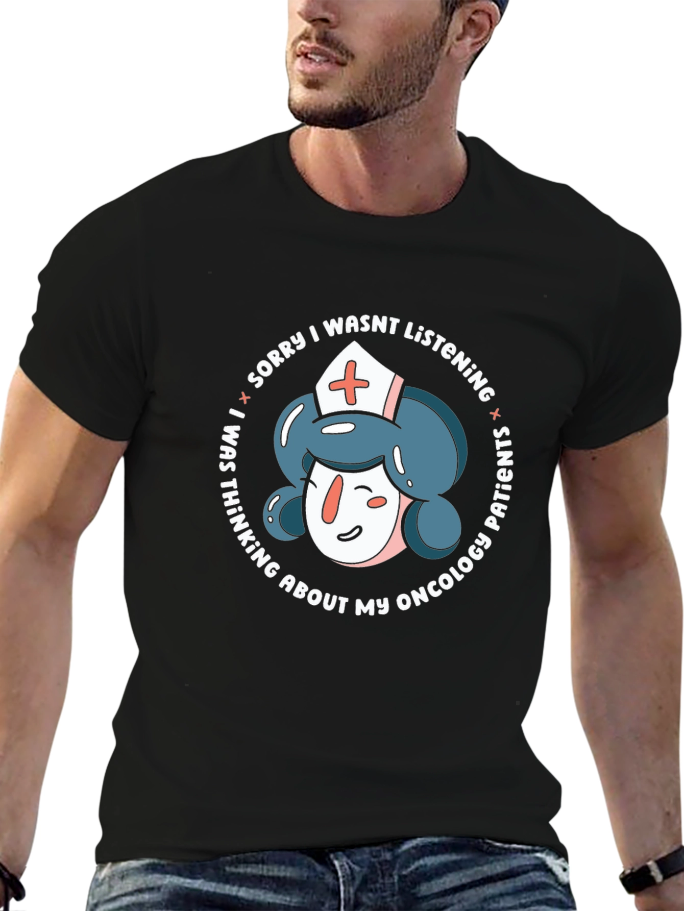 Black Oncology Nurse Humor T-Shirt - Sorry Not Listening view 6