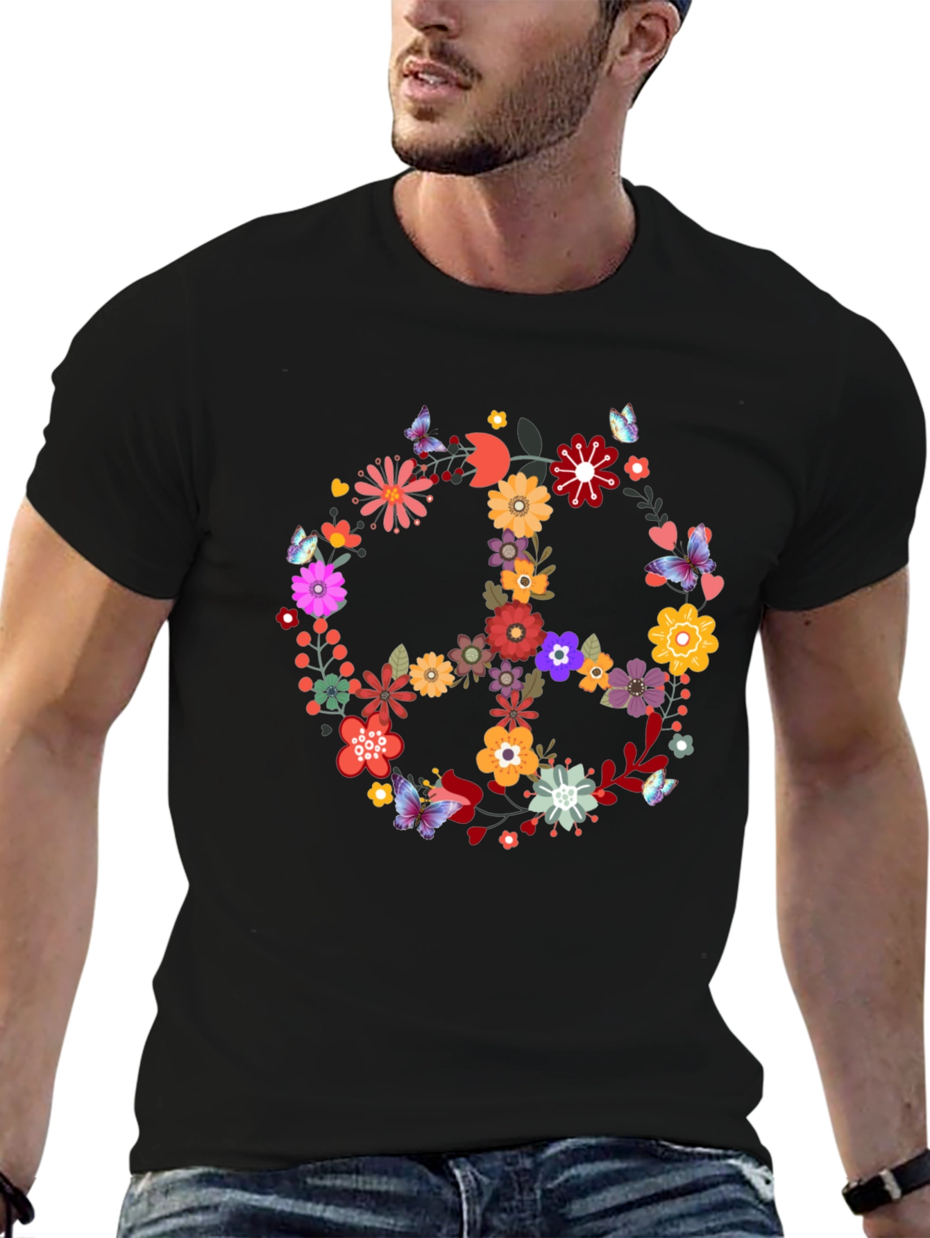Black Floral Peace Sign Graphic Tee - Black view 6