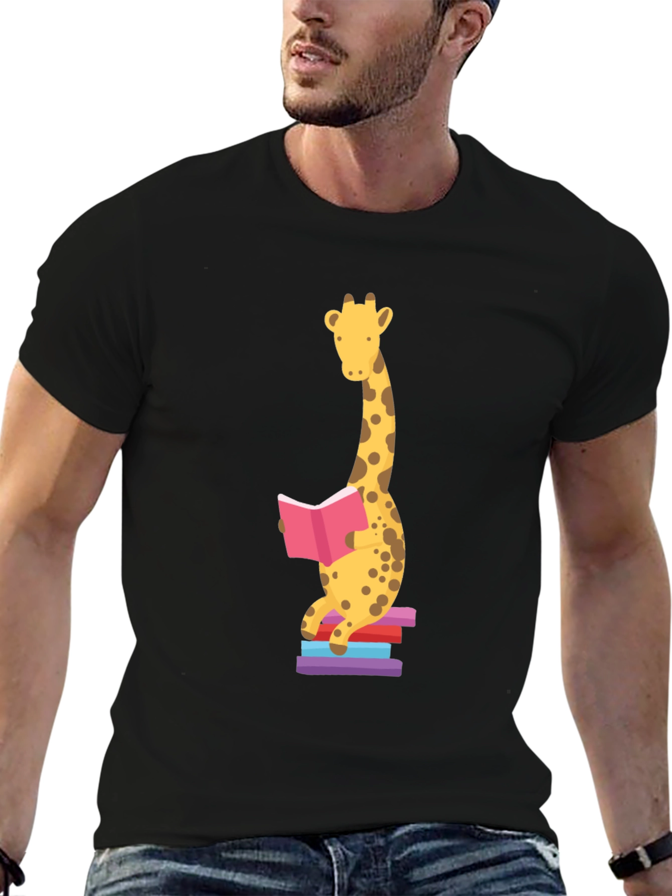 Black Reading Giraffe Graphic Tee - Soft Cotton Blend view 6