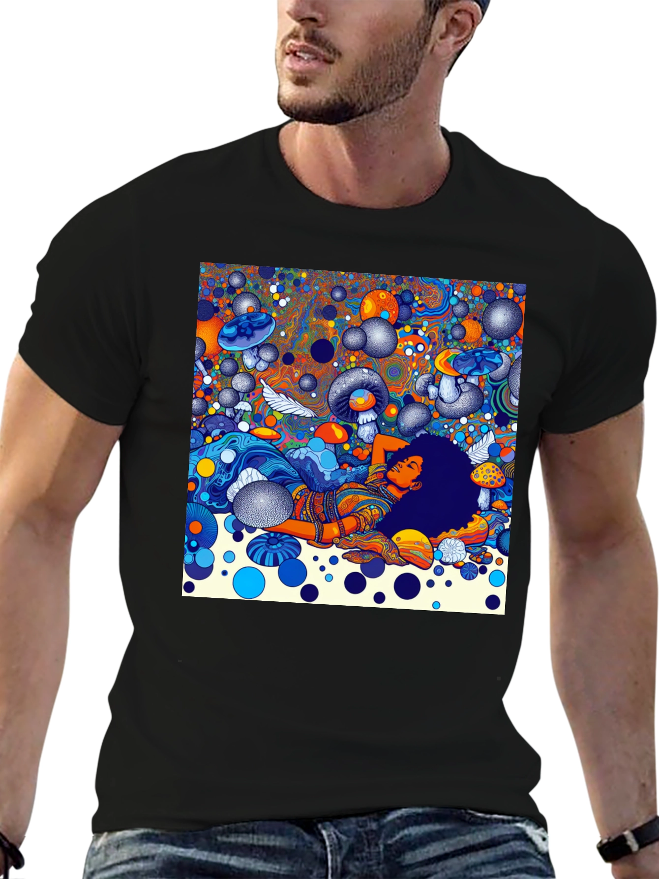 Black Psychedelic Dream T-Shirt - Colorful Mushroom Scene view 6