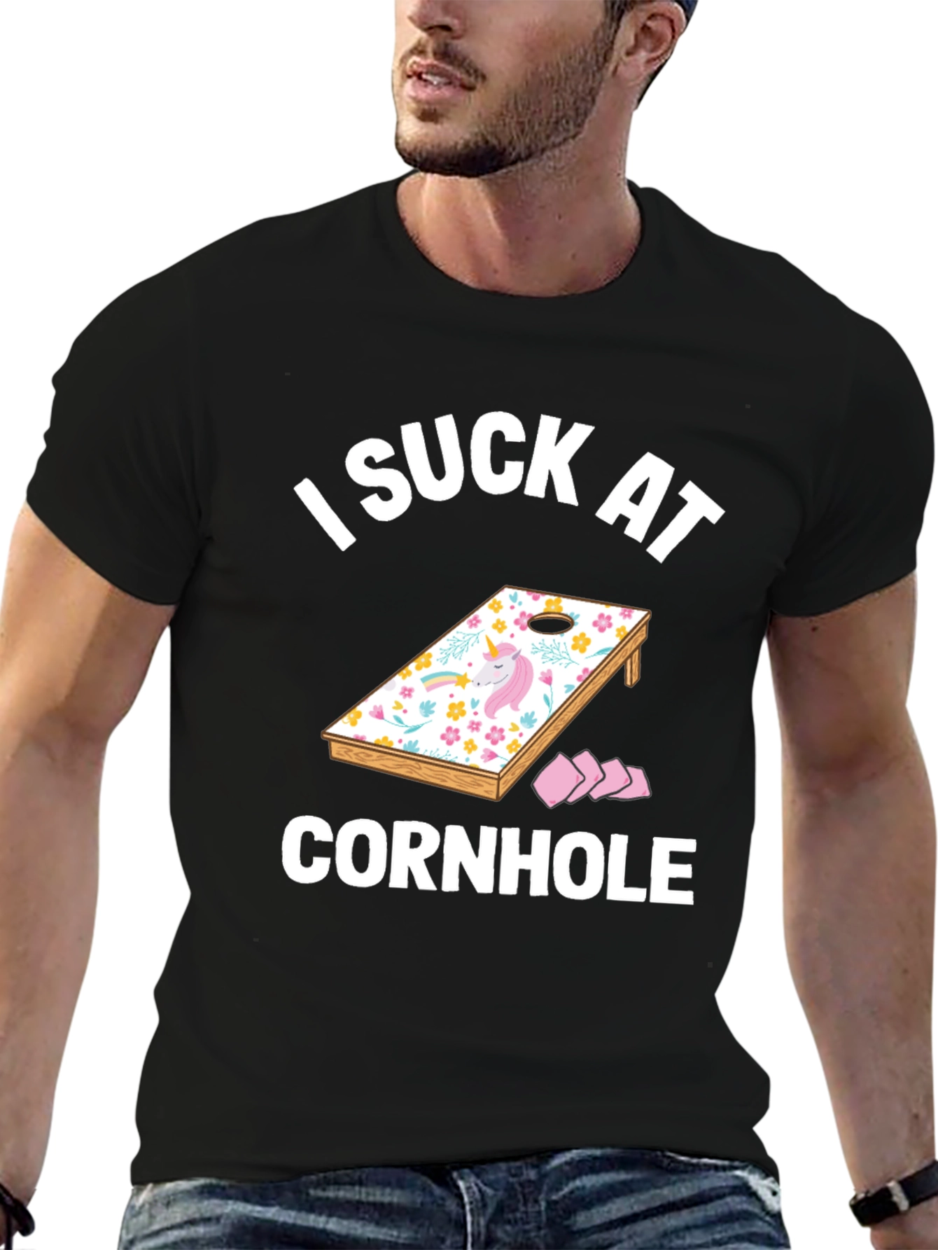 Black I Suck at Cornhole T-Shirt - Unicorn Design view 6