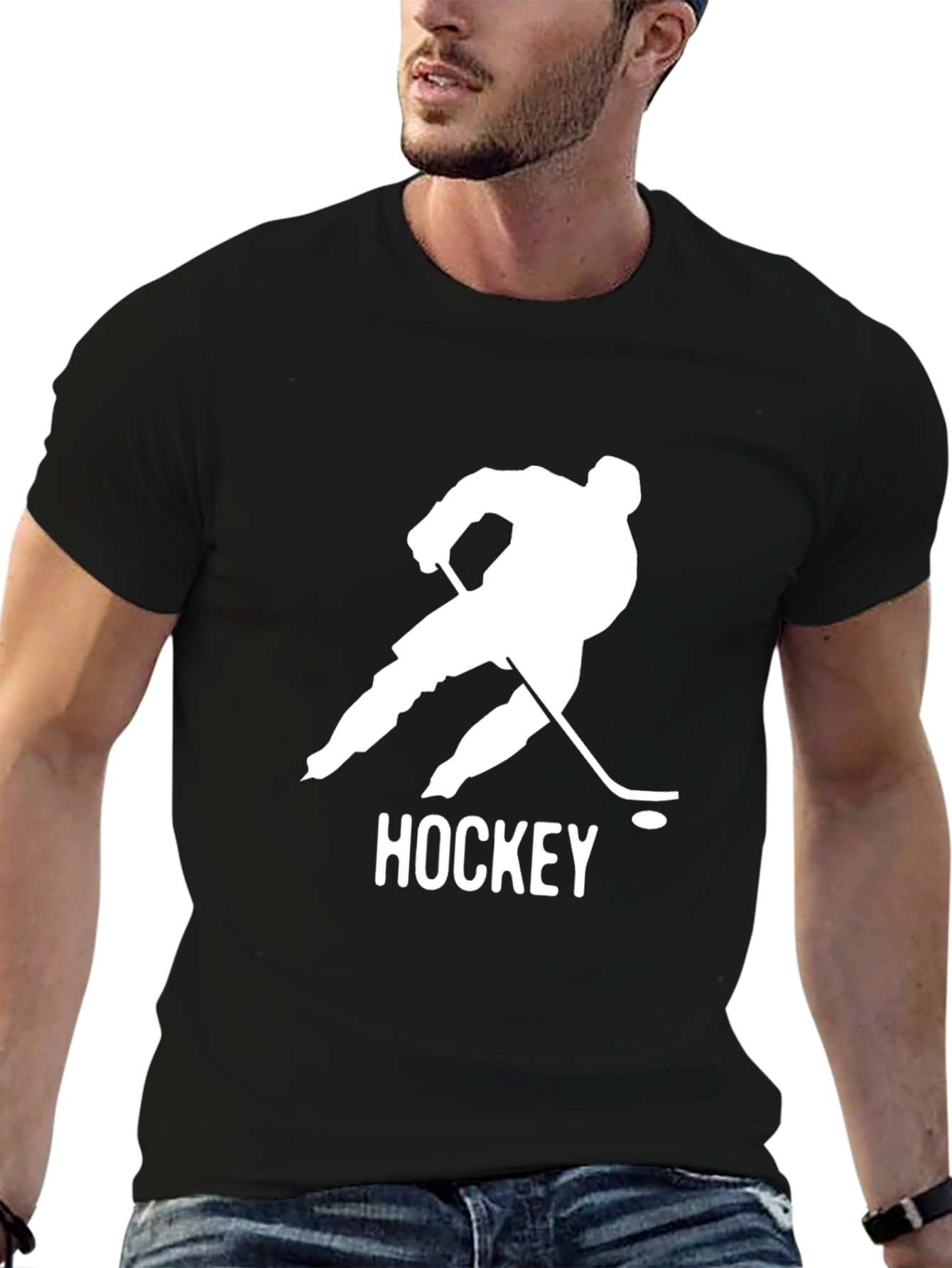 Black Hockey Player Graphic Tee - Stylish Black Cotton T-Shirt view 6