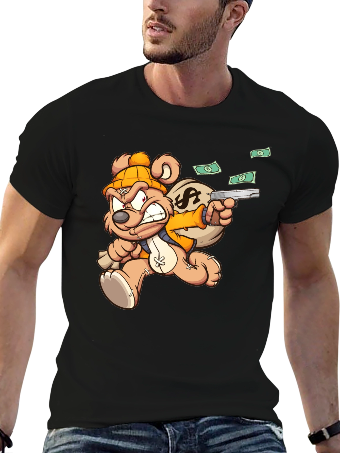 Black Cartoon Teddy Bear with Gun T-Shirt view 6