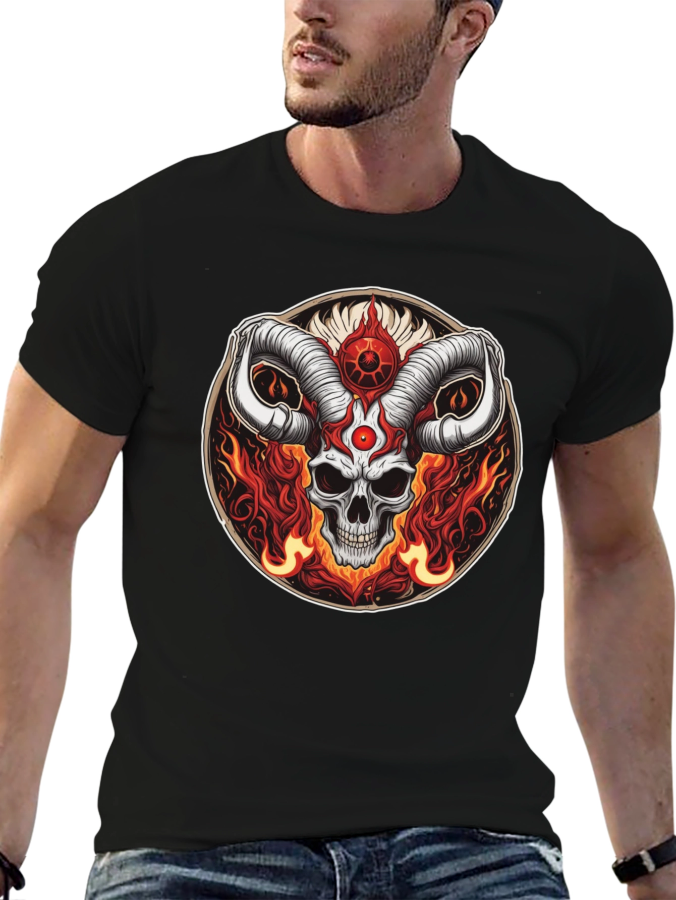 Black Skull Horns Fire Graphic Tee - Black Cotton Shirt view 6