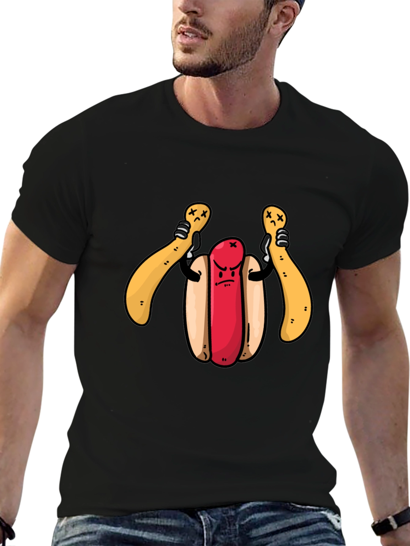 Black Funny Hotdog T-Shirt - Angry Dog view 6